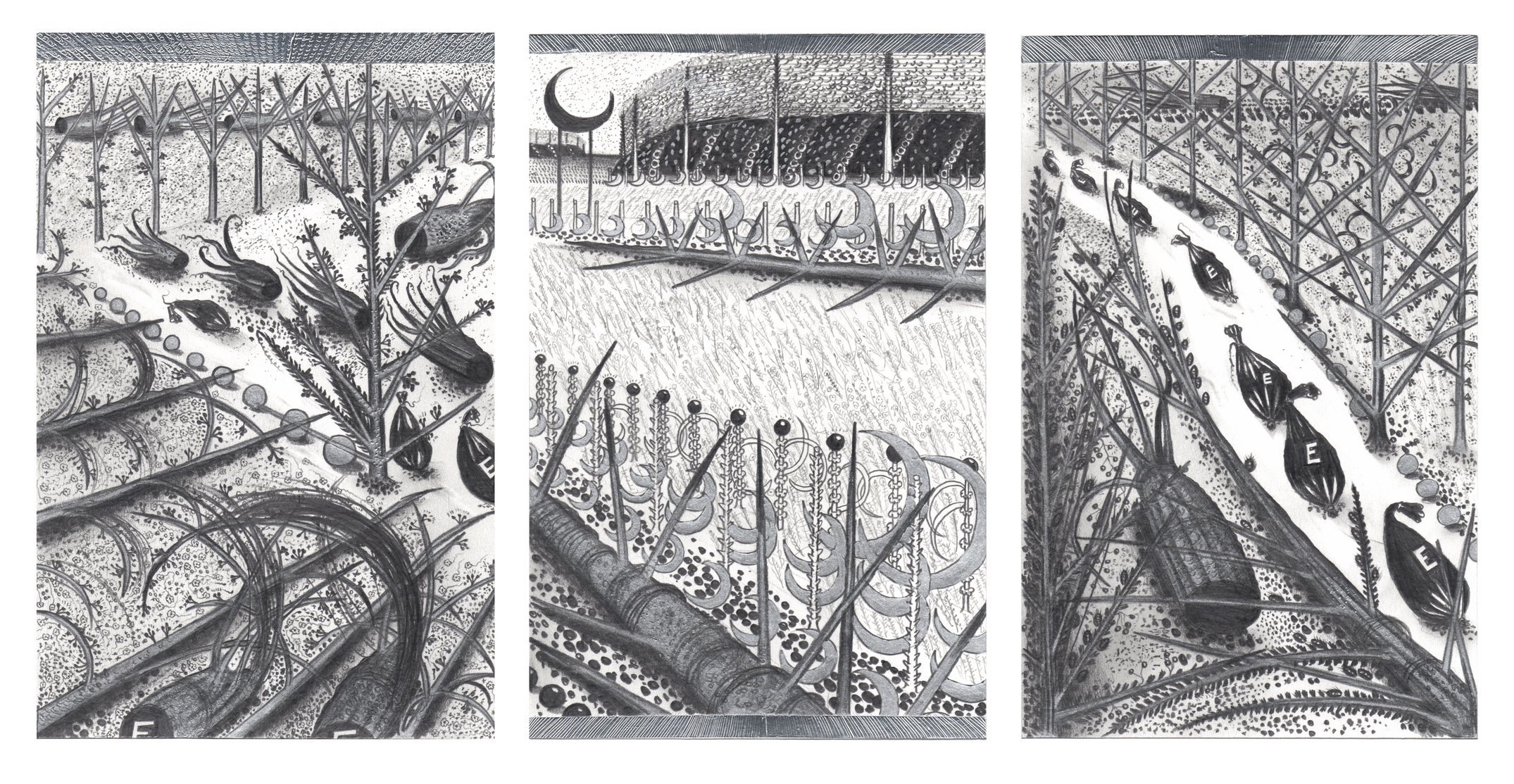  Moons , 2014
Graphite, silver ink and metal tape on 220 g/m2 Fabriano 4 paper
3 Sheets, each: 20 x 13 cm / 8 x 5 1/3 in
Overall: 22 x 43 cm / 8 3/4 x 17 in