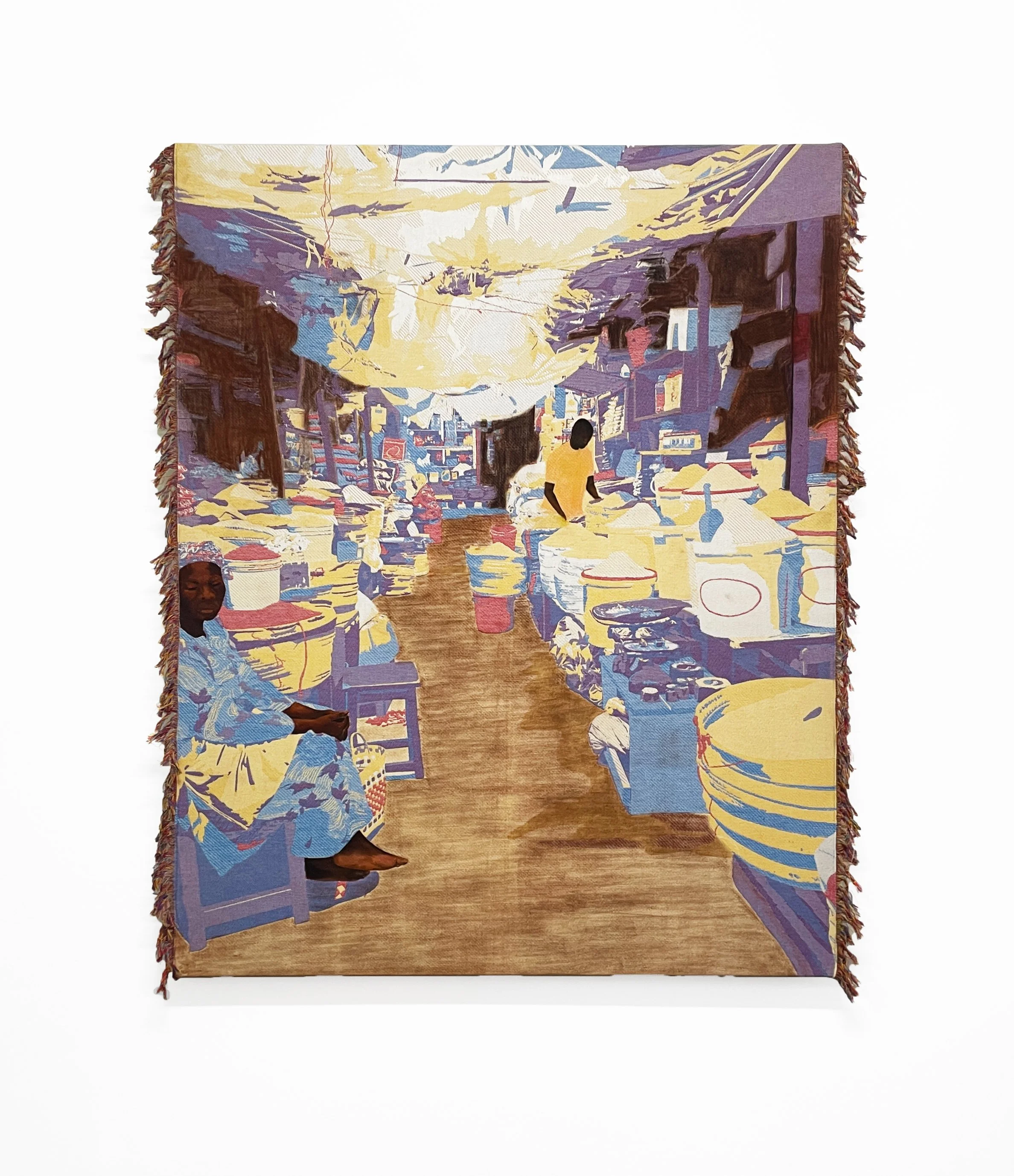  Soko/Souk , 2023
Jacquard woven fabric, pastel, acrylic paint
118 x 152.5 cm | 46 1/2 x 60 in
Framed: 150 x 120 x 2 cm | 59 x 47 x 1 in