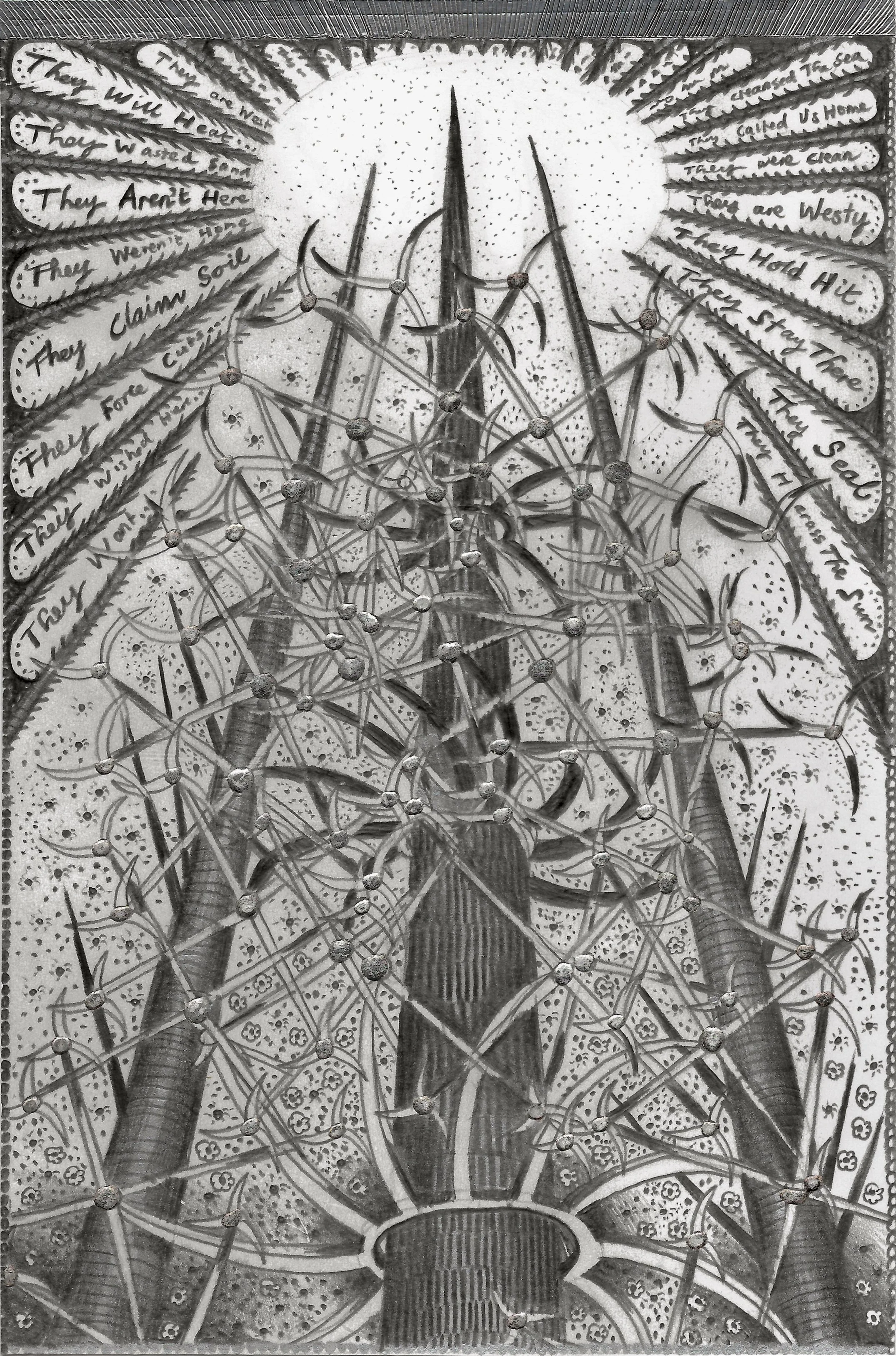  They Hold Hit , 2015
Graphite, silver ink, white-gold leaf and metal tape on 220 g/m2 Fabriano 4 paper
20 x 13 cm / 8 x 5 1/2 in