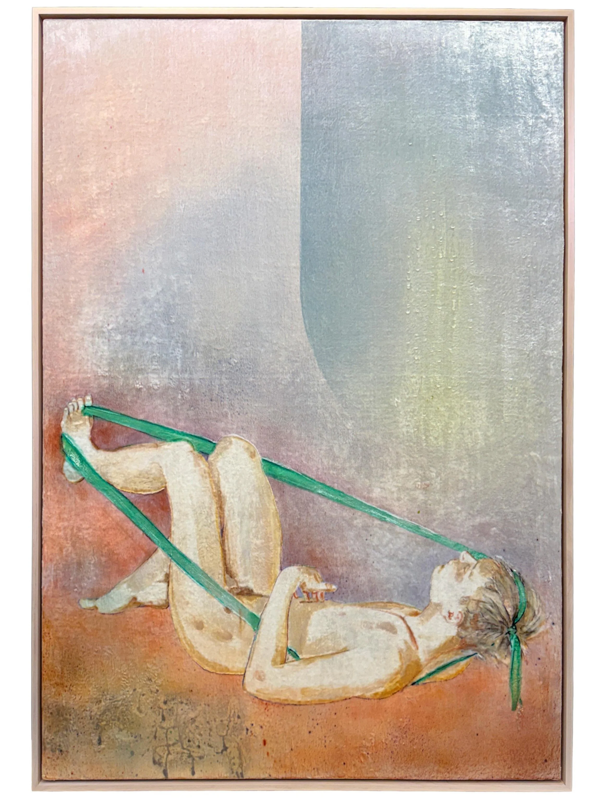 Travis Boyer
 Drift Study with Green Ribbon , 2026
Dye on silk velvet on panel in artist frame
60 x 42 3/4 in | 152 x 108.5 cm