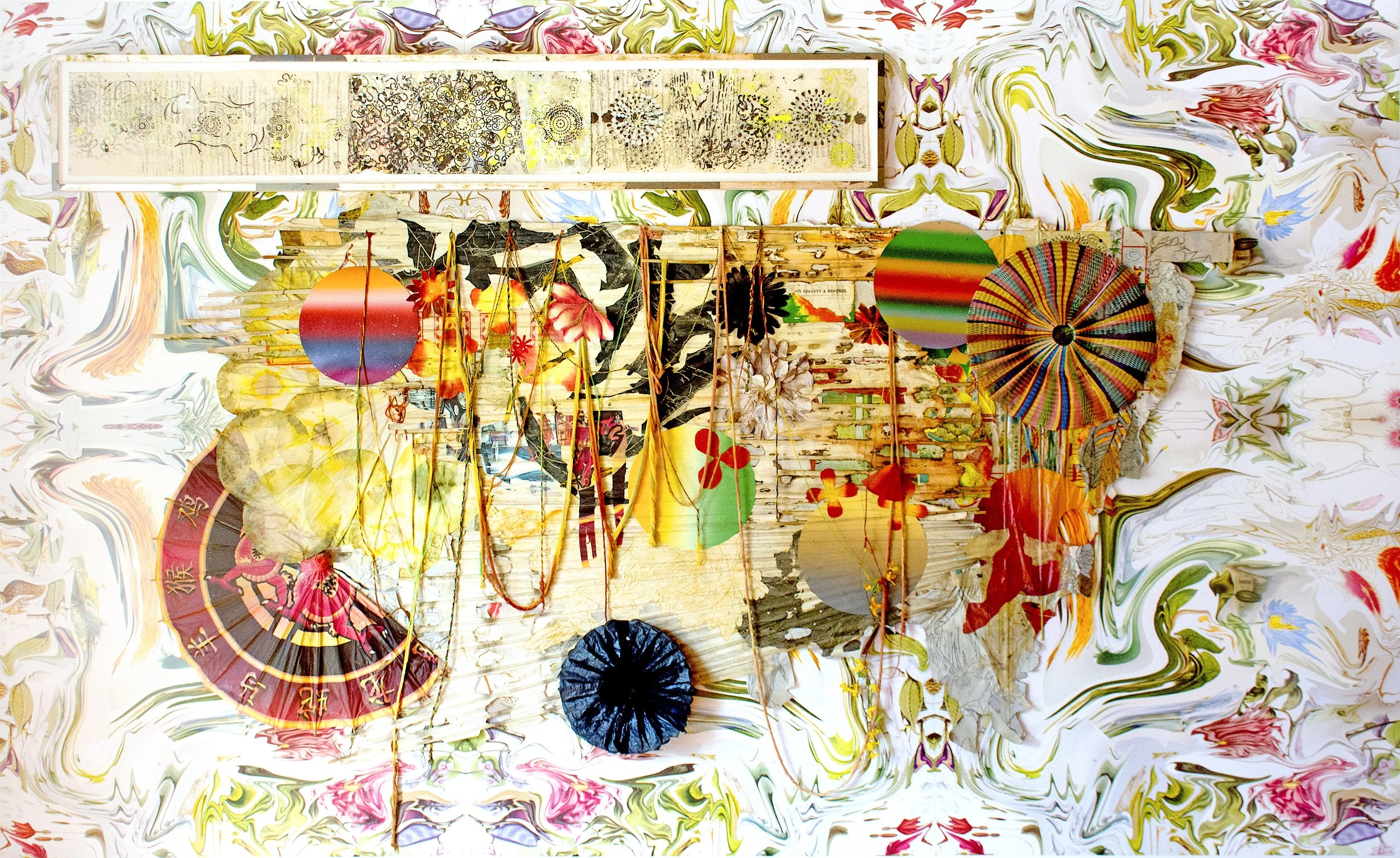  +'s & -'s #45 , 2018
Various plastics & papers, Chinese paper lanterns, paper blinds, umbrella and aluminum on digital backdrop
100 x 121 in | 254 x 307 cm