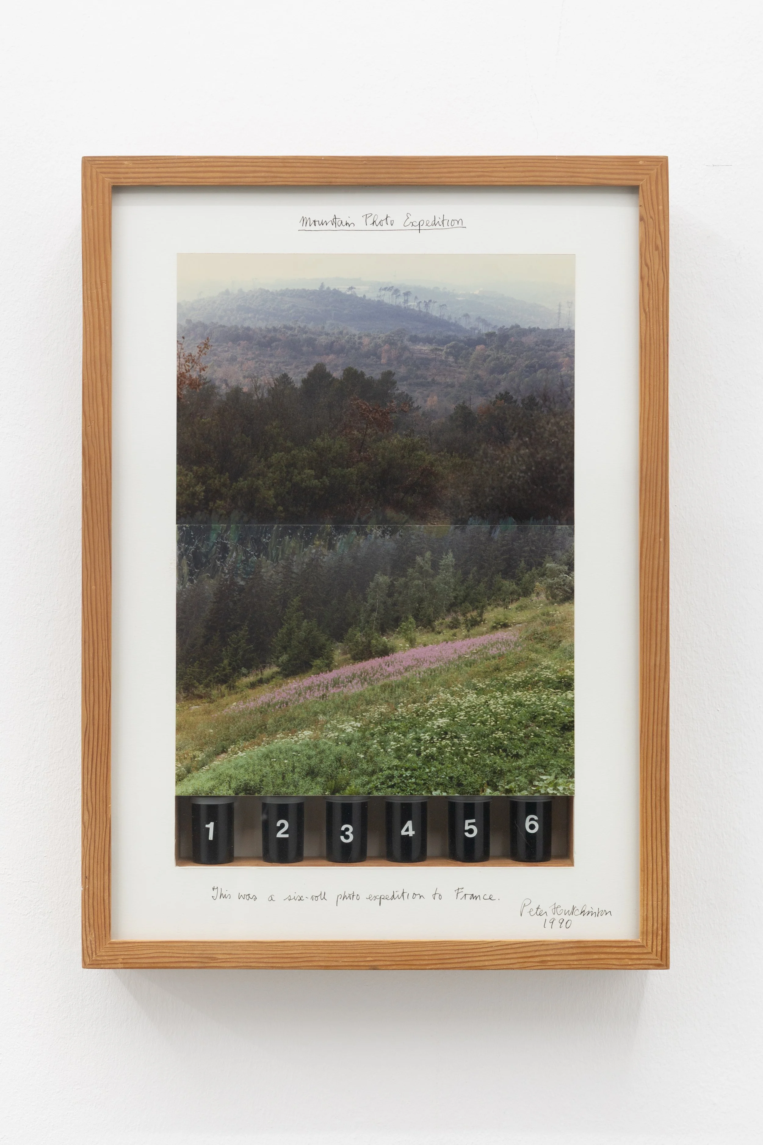  Mountain Photo Expedition , 1990
Photo-collage, six camera film roll boxes, and ink on cardboard in shadow box
24 x 17 3/8 x 2 3/4 in | 61 x 44 x 7 cm