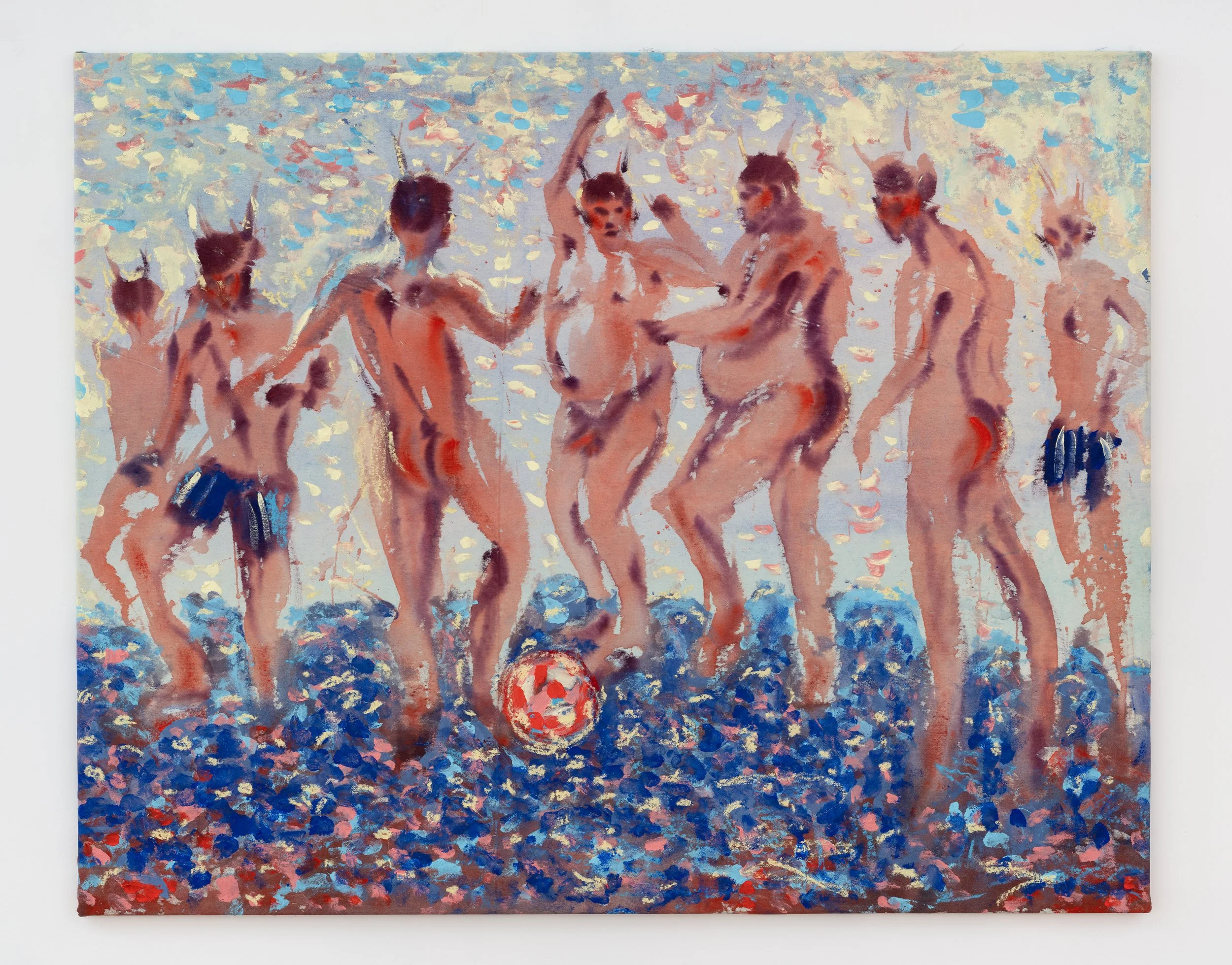  7 players, 5 completely nude and 2 in swimwear, on the blue sparkling beach. , 2025
Acrylic and oil pastel on canvas
100 x 120 cm | 39 1/4 x 47 1/4 in