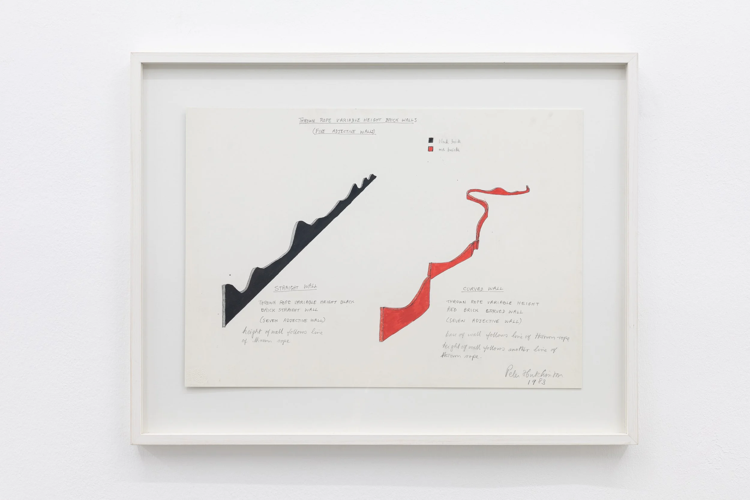  Thrown Rope Variable Height Brick Walls , 1983
Crayon, ink, text on cardboard
13 3/4 x 19 3/4 in | 35 x 50 cm