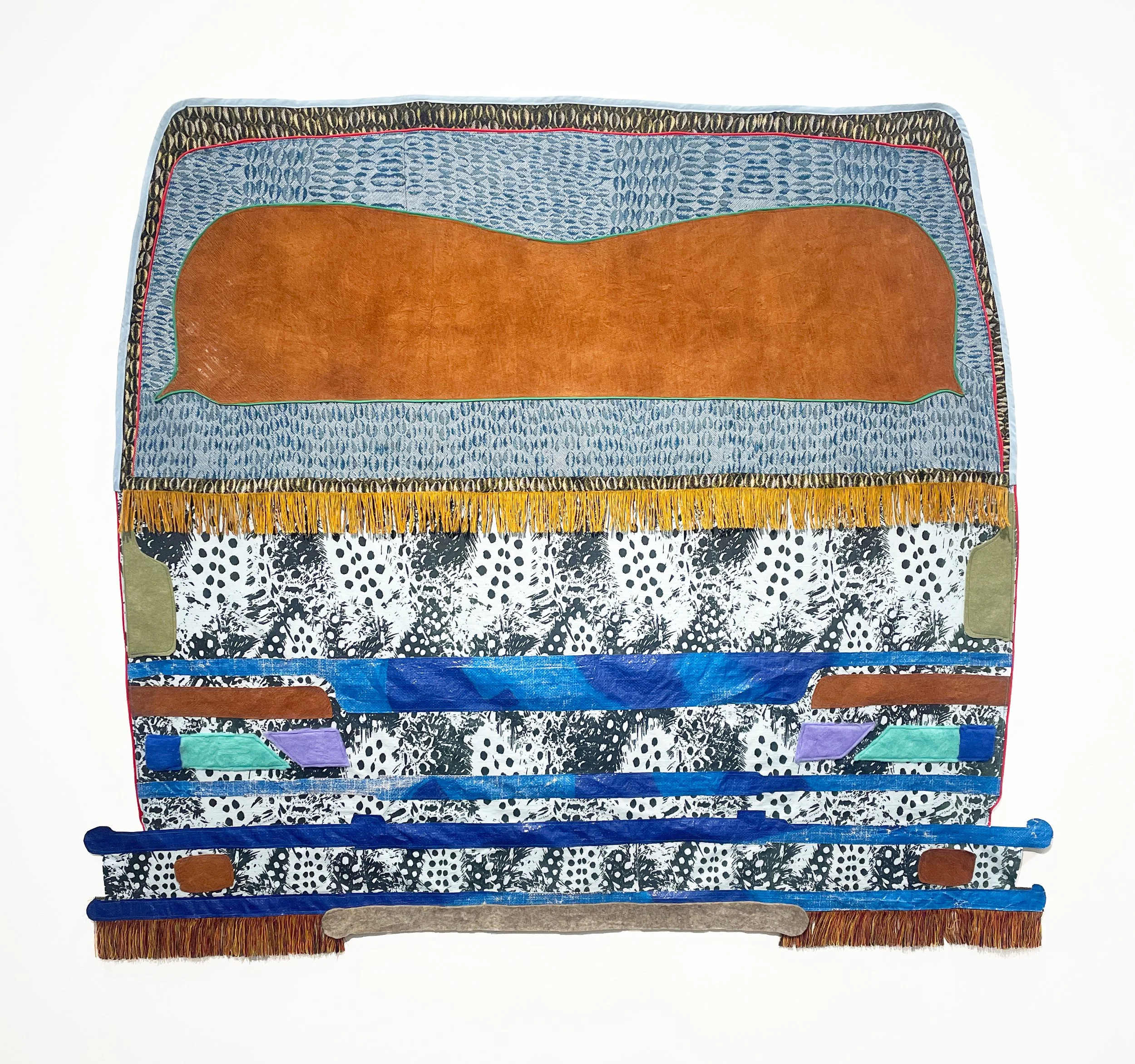  When you see them give them our greetings (ukiwaona, wake salamu) , 2024
Hand silkscreeend fabric, jacquard woven fabric, tarp, felted wool, and Ugandan bark cloth
145 x 170 cm | 57 x 67 in