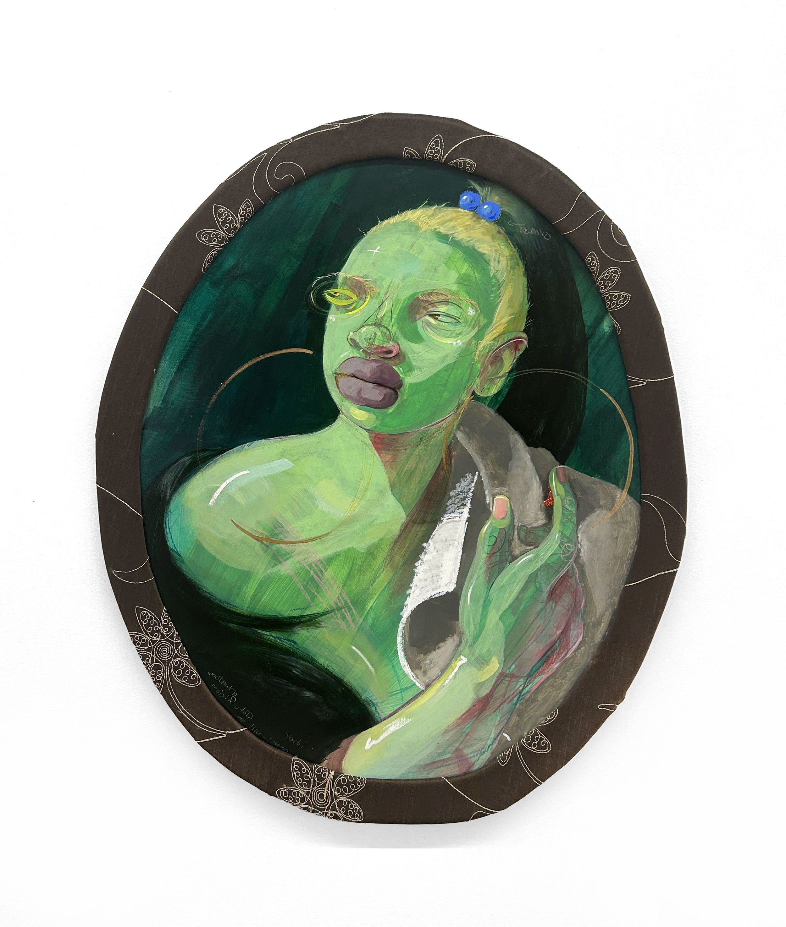  Periodt. , 2023
Acrylic, oil, pastel, glass beads and rhinestones on canvas with upholstered frame
58.5 x 49.5 cm | 23 x 19 1/2 in