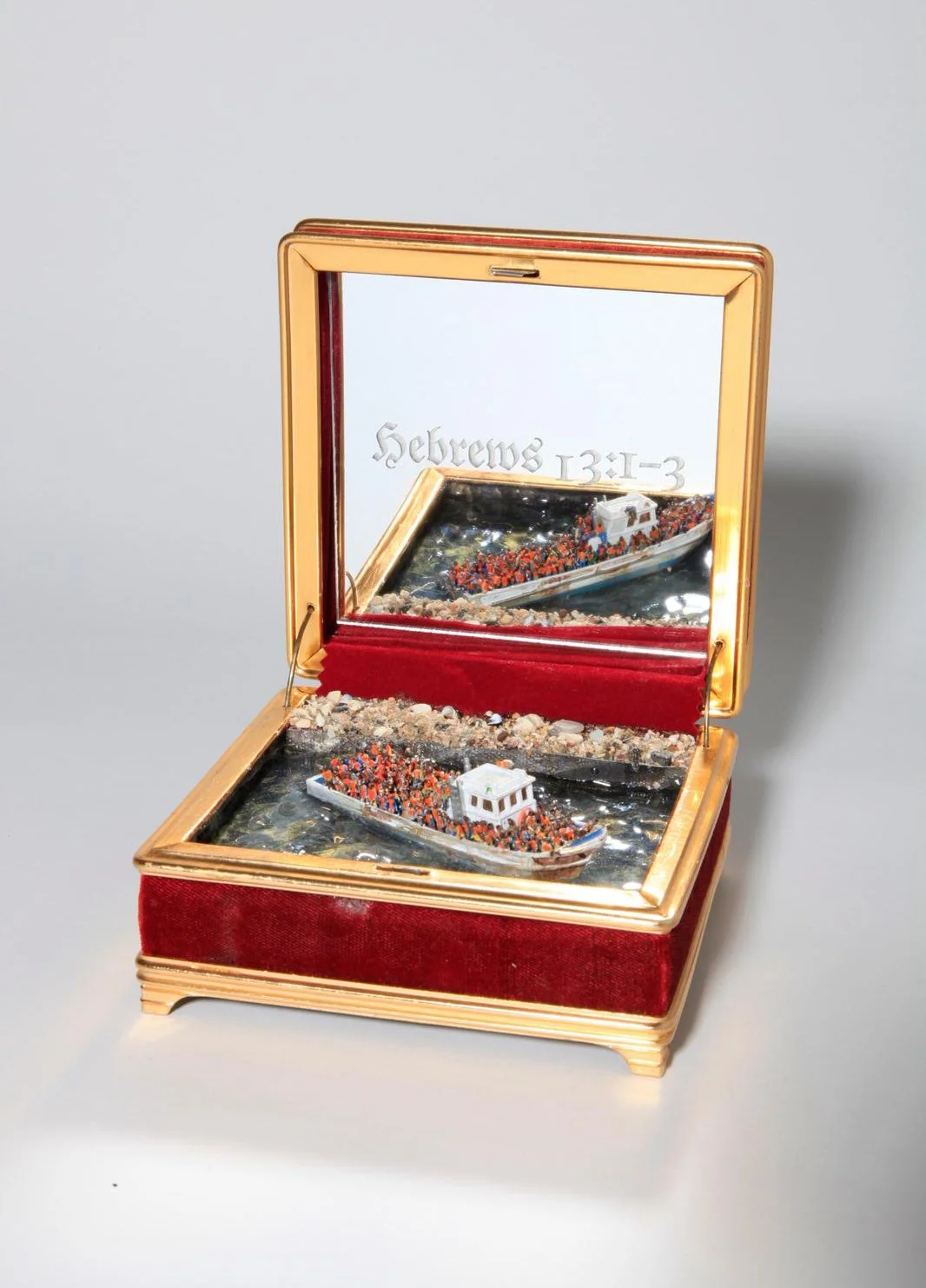 Curtis Talwst Santiago
 Deluge Xl 2023 , 2023
Reclaimed jewelry box, clay, resin, human hair, plastic, acrylic paint, oil paint, static grass, stone and silk, virus pedestal
5 1/4 x 5 1/4 x 2 1/2 in | 13 x 13 x 6 cm
