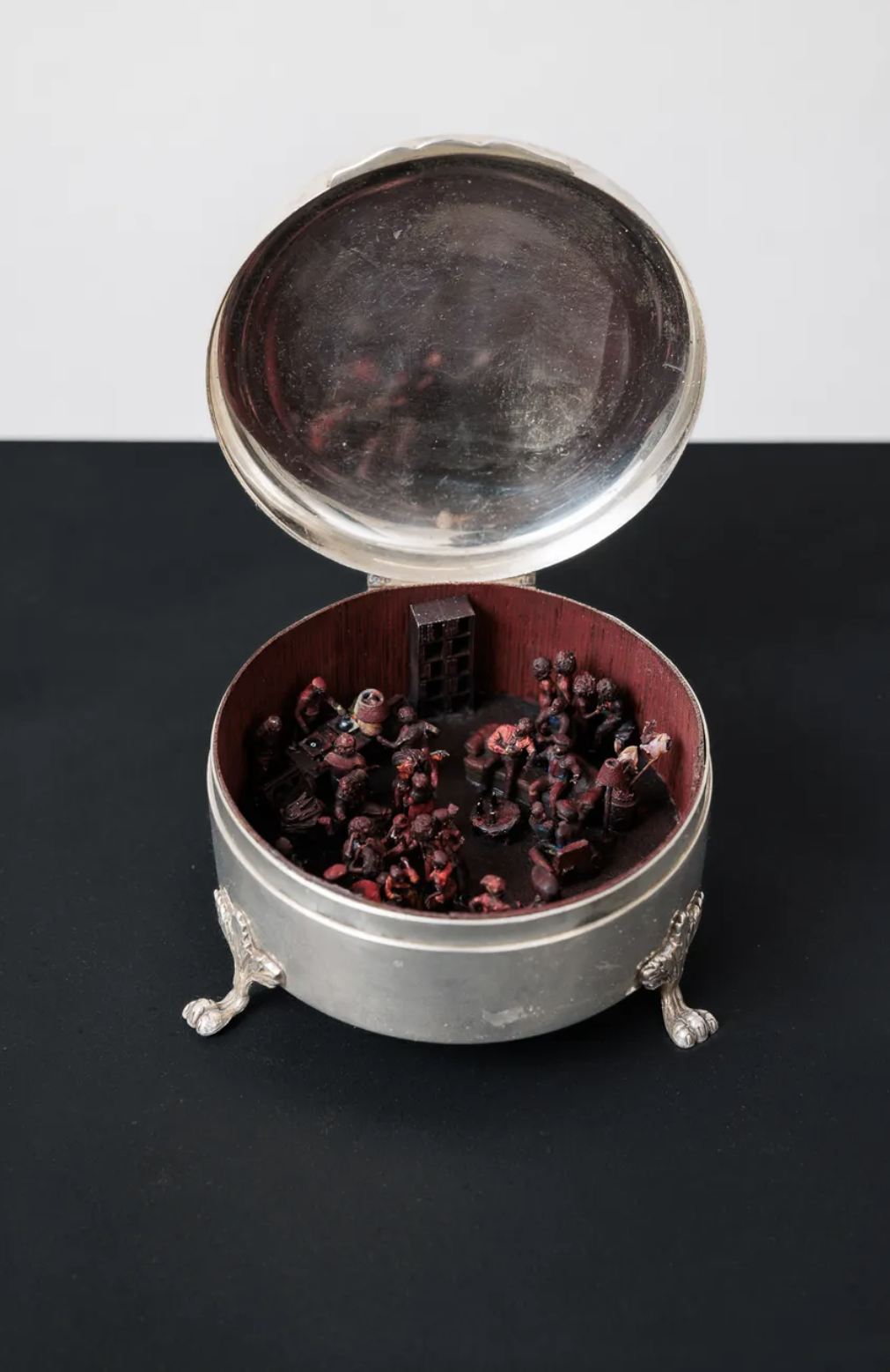 Curtis Talwst Santiago
 Basement Sweat, Red Light Fete , 2026
Mixed media in reclaimed jewelry box, single-channel audio file (digital), Arduino, artist made speaker
5 1/4 x 3 3/4 x 4 in (jewelry box) | 13.5 x 9.5 x 10 cm (jewelry box)
11 3/4 x 11 3/