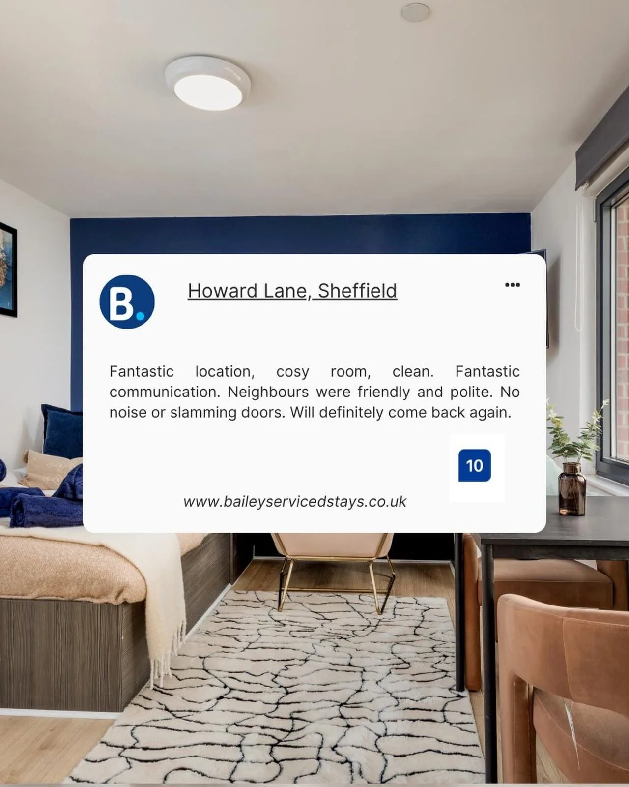 10/10 🚀🚀🚀

🏡 Howard Lane, Sheffield | Stylish City Centre Studio | Sleeps 2! 

ℹ️ Stay in the heart of Sheffield in this stylish, modern studio - perfect for couples, solo travellers, or business stays. Presented by Bailey Serviced Stays, this th