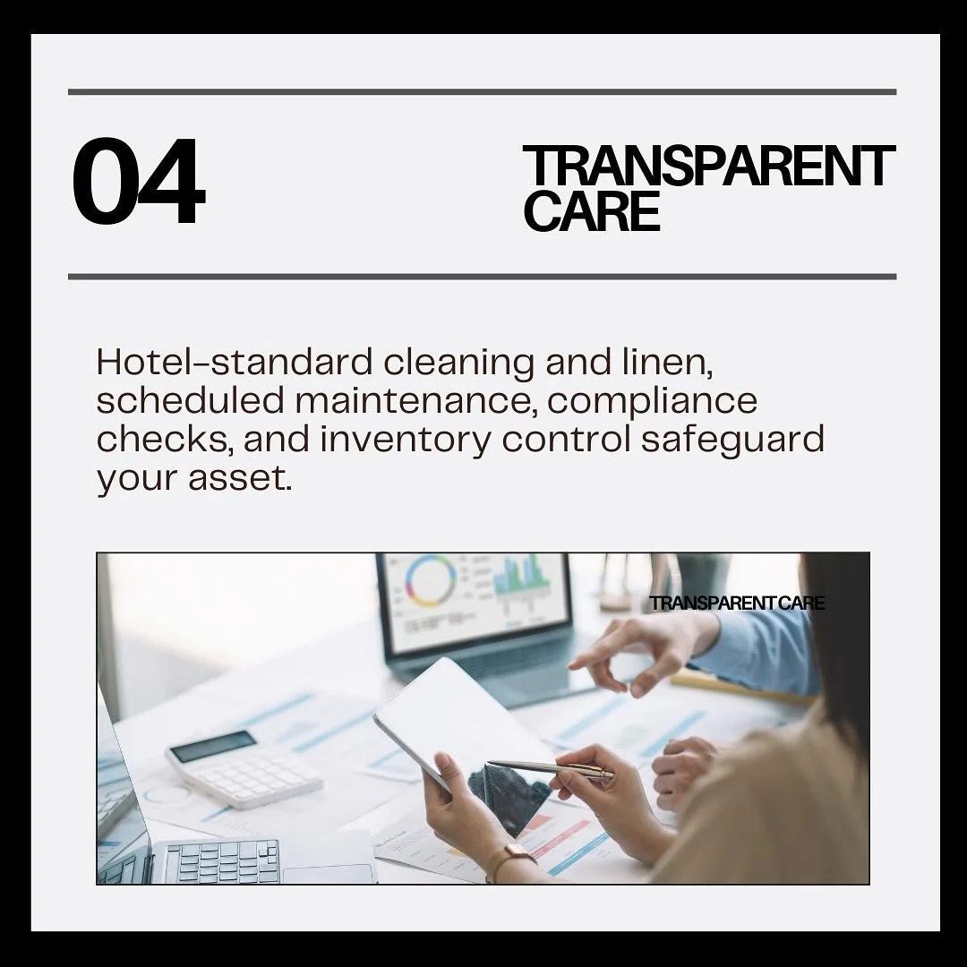 🛠️ Part 4 - Transparent Care

Trust is earned through consistency and clarity.
Our Transparent Care approach means every property under Bailey Serviced Stays receives hotel-standard cleaning, scheduled maintenance, compliance checks, and inventory c
