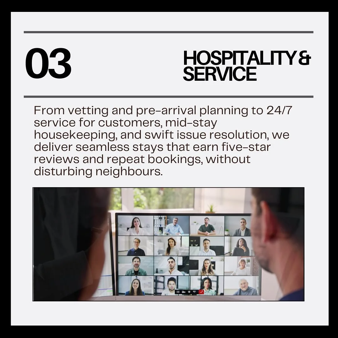 ⭐ Part 3 - Hospitality &amp; Service

Your guests define your reputation, and ours.
That&rsquo;s why we deliver seamless, five-star stays from start to finish.

From guest vetting and pre-arrival planning to 24/7 service, mid-stay housekeeping, and s