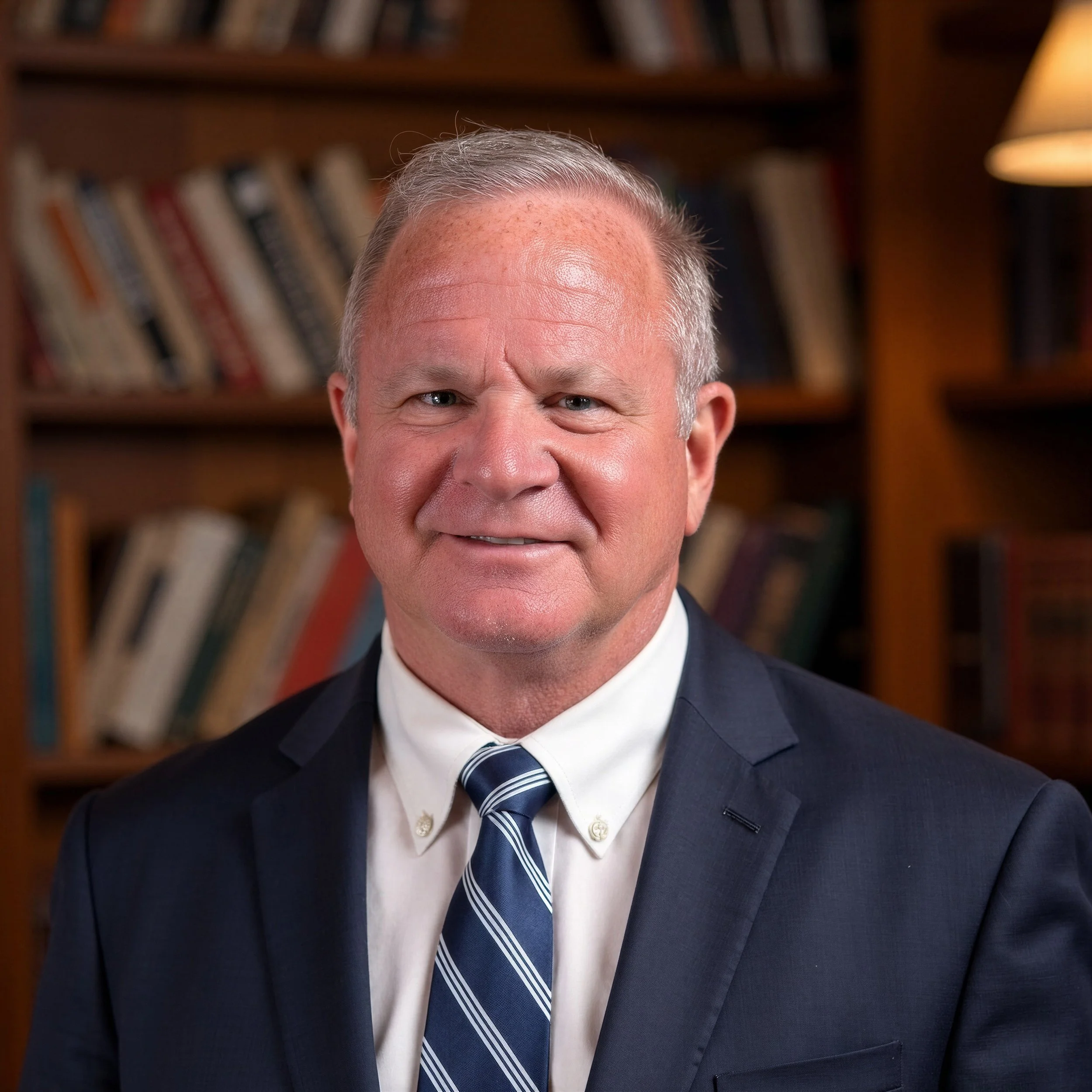 Close-up of an elderly man in formal attire, smiling, with a bookshelf filled with books in the background.