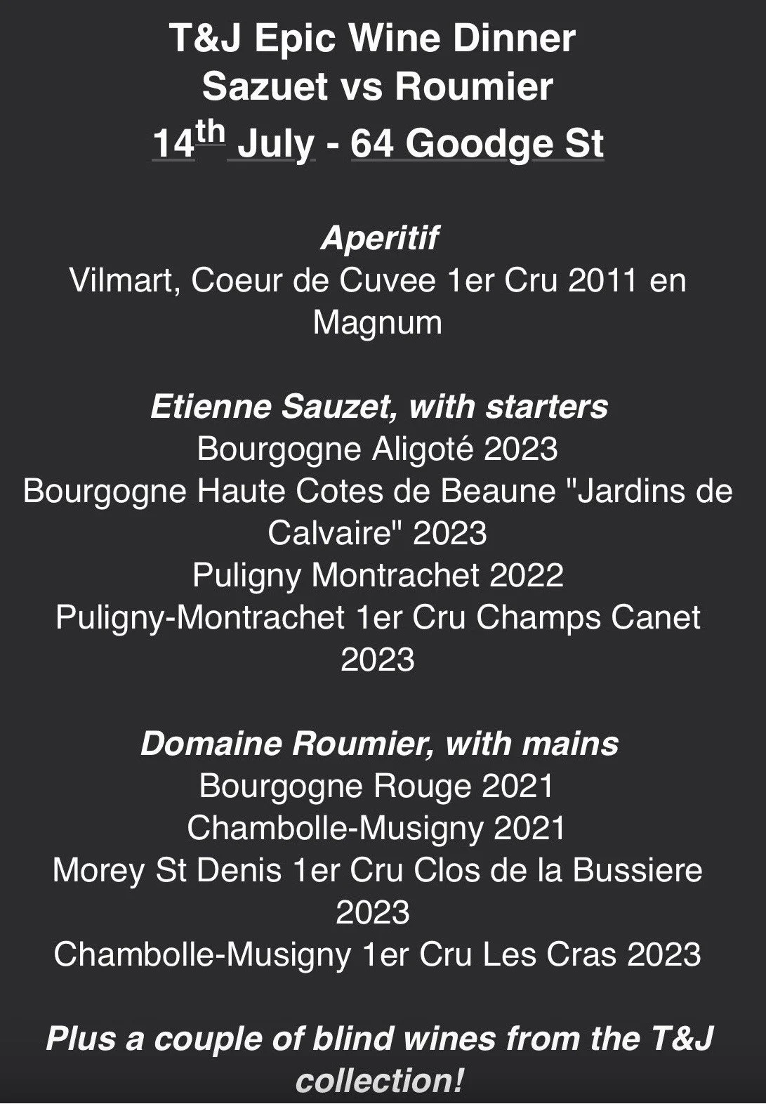 Sauzet & Roumier Dinner at 64 Goodge St (1*) - 14th July