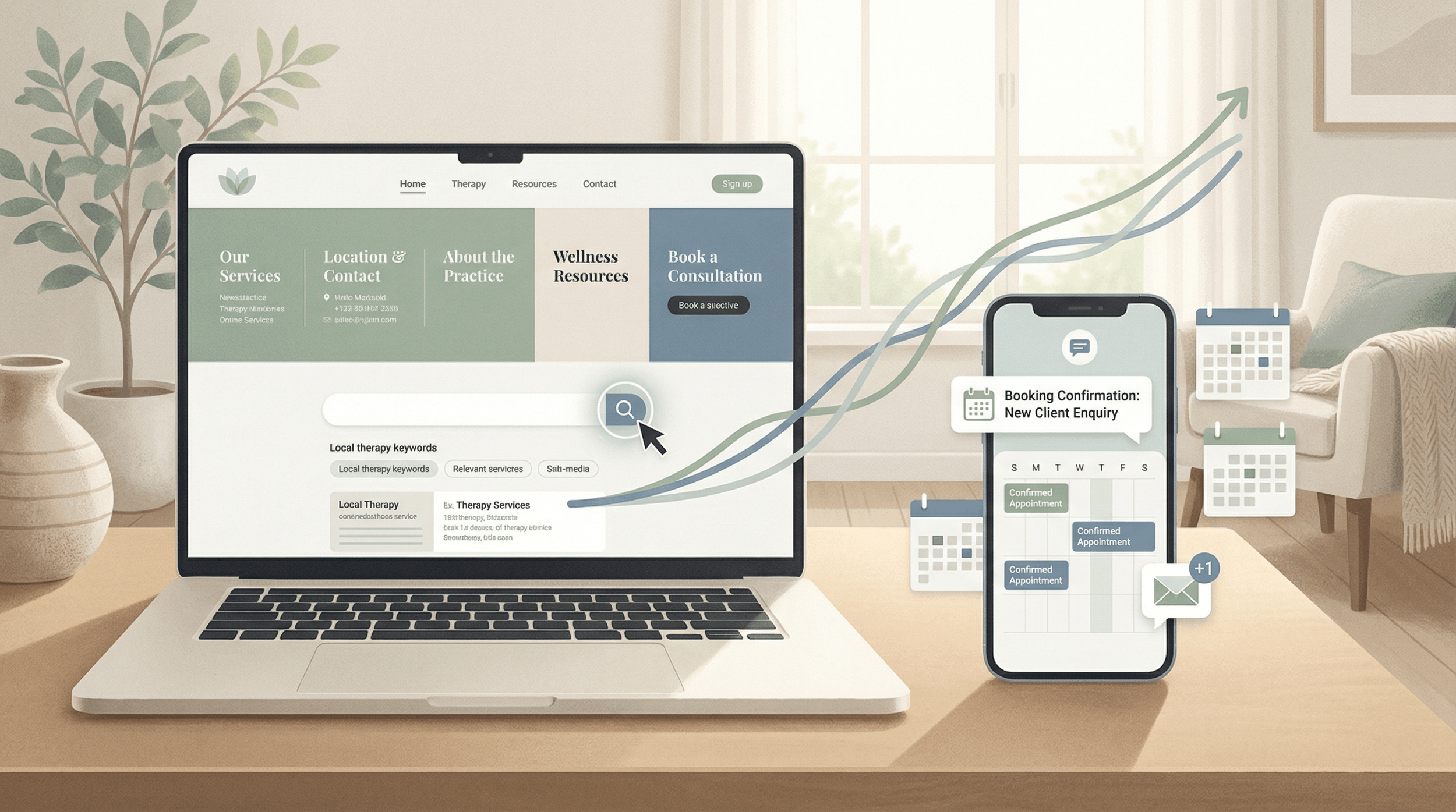 Editorial illustration of a therapy website generating enquiries through improved search visibility.