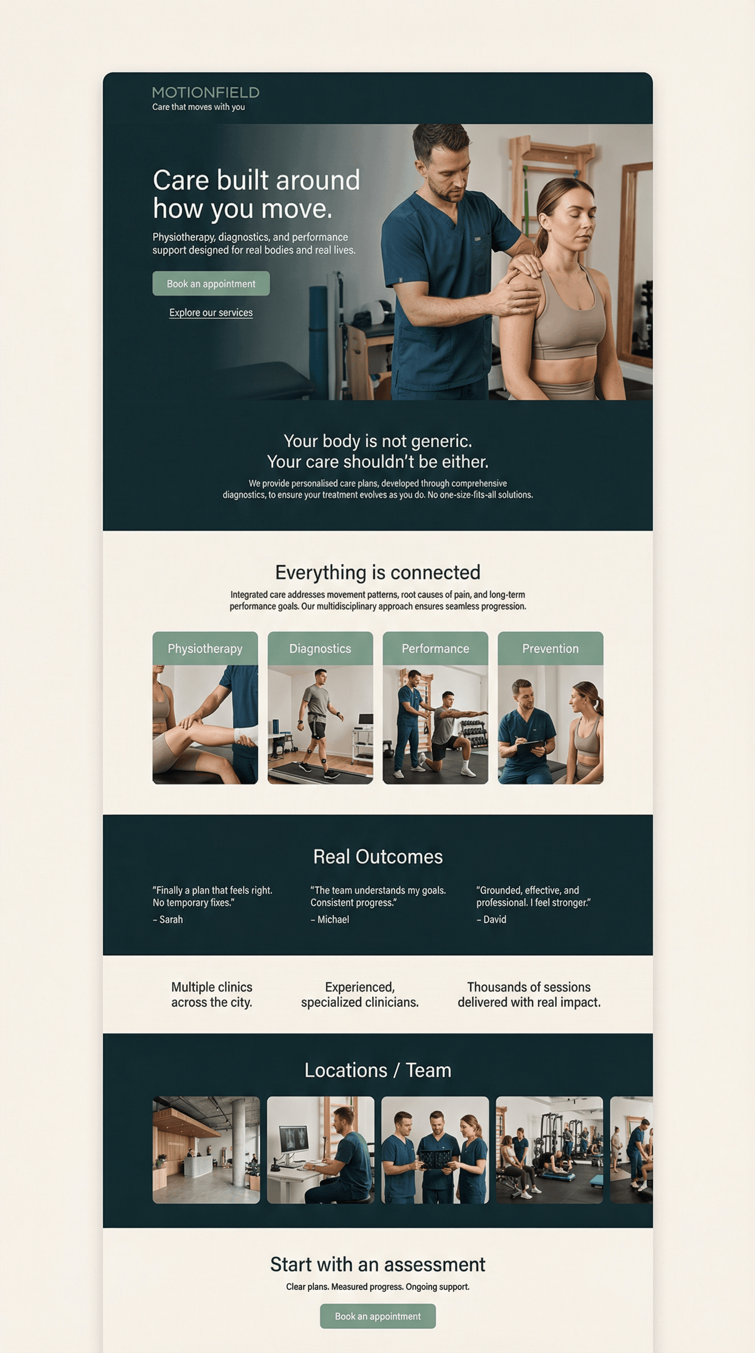 A flyer for Motionfield physiotherapy clinic showing a therapist giving shoulder treatment to a woman, with information about their services, approach, outcomes, clinics, team, and appointment booking.