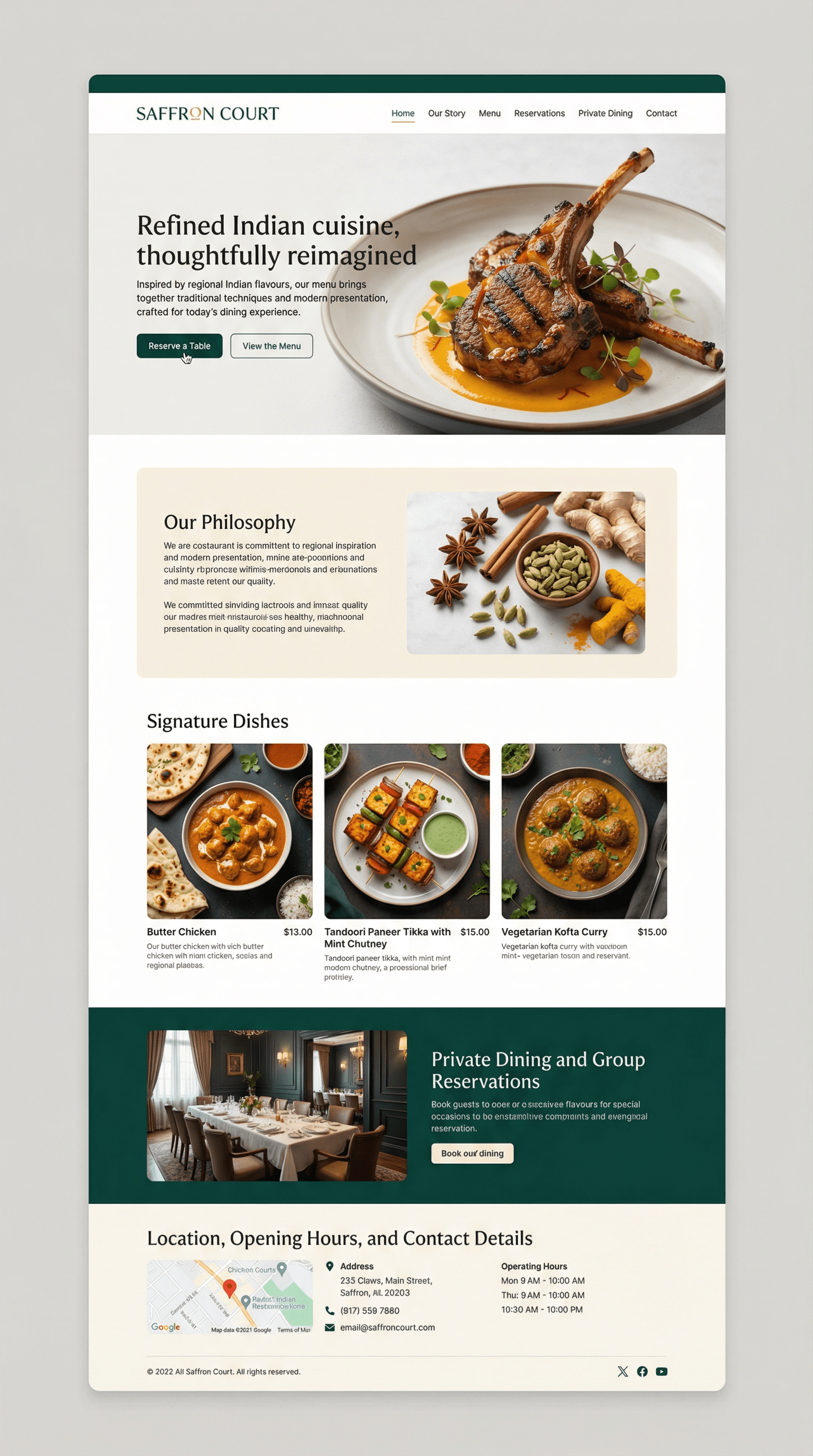 Restaurant website homepage featuring Indian cuisine, with a main image of a grilled lamb chop dish, sections for philosophy and signature dishes including butter chicken, paneer tikka, and vegetarian curry, and contact information at the bottom.