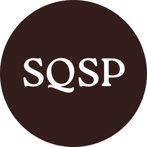 Black circular logo with white text that reads 'SQSP' in the center.