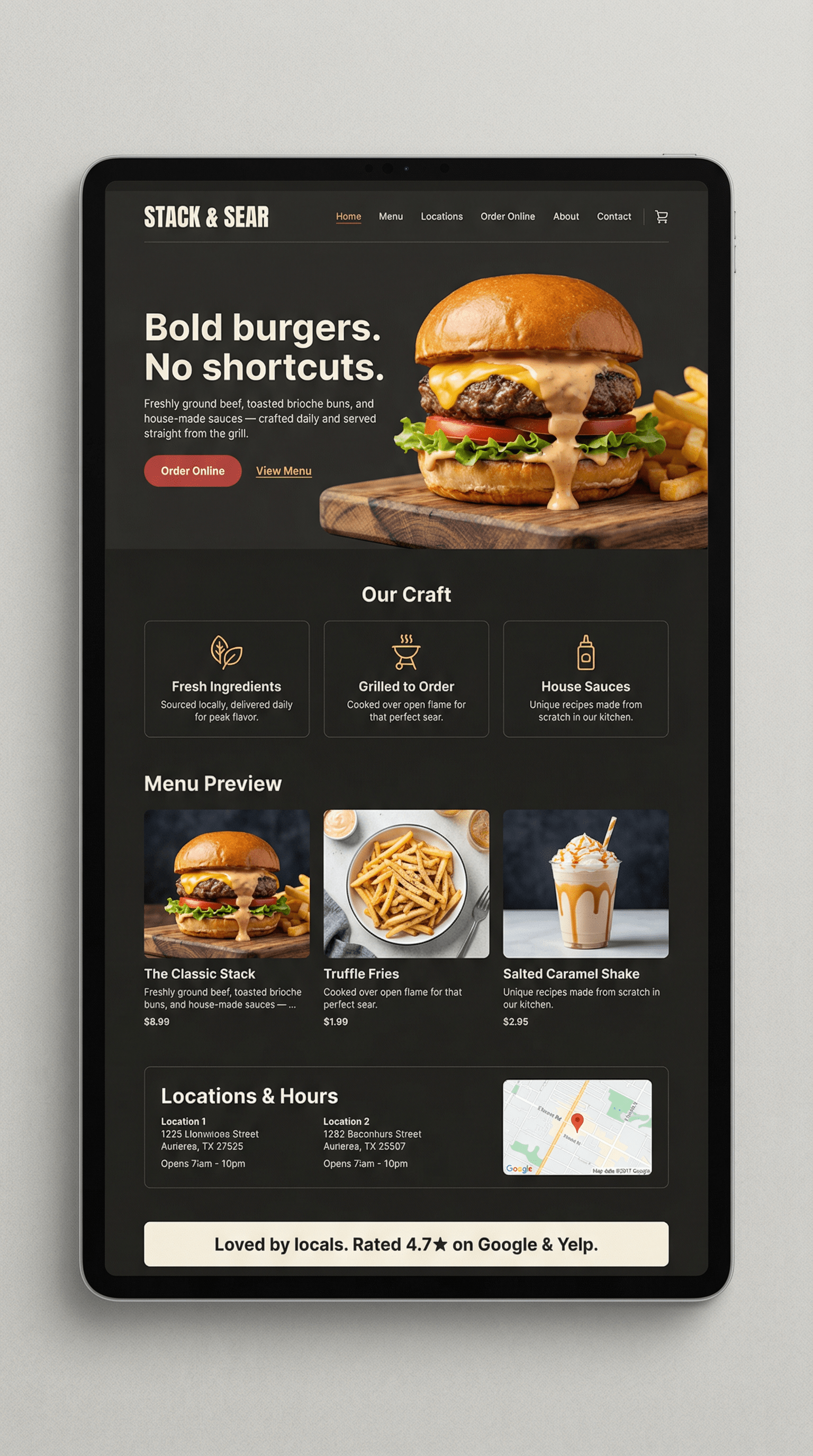 A digital menu displayed on a tablet showing a burger restaurant called 'Stack & Sear' with an image of a cheeseburger, fries, and a shake, along with menu items, locations, and ratings.