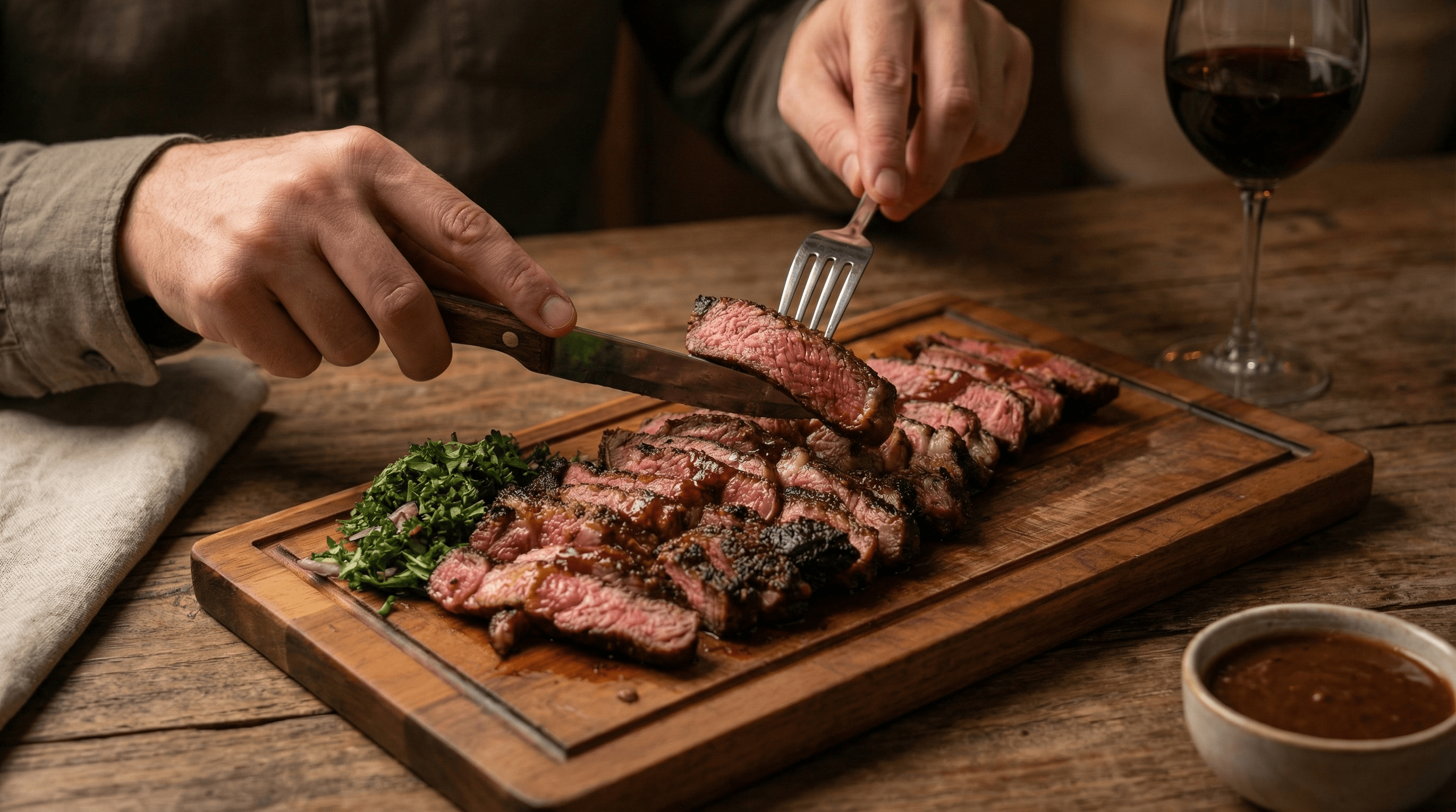 Person slicing a medium-rare steak on a wooden cutting board with a fork, beside a glass of red wine, a bowl of sauce, and a bunch of greens on a rustic wooden table.