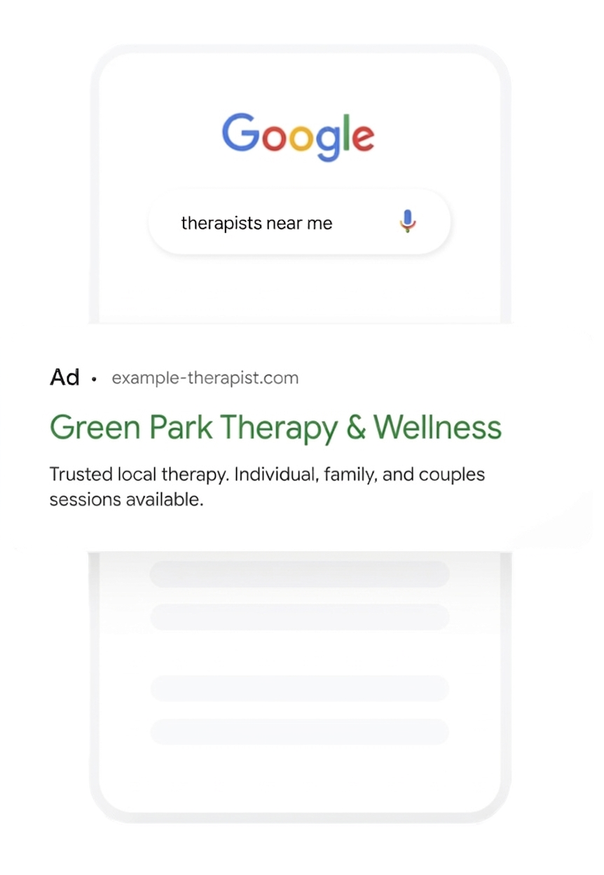 Google search for 'therapists near me' displaying an ad for Green Park Therapy & Wellness, offering local therapy sessions for individuals, families, and couples.