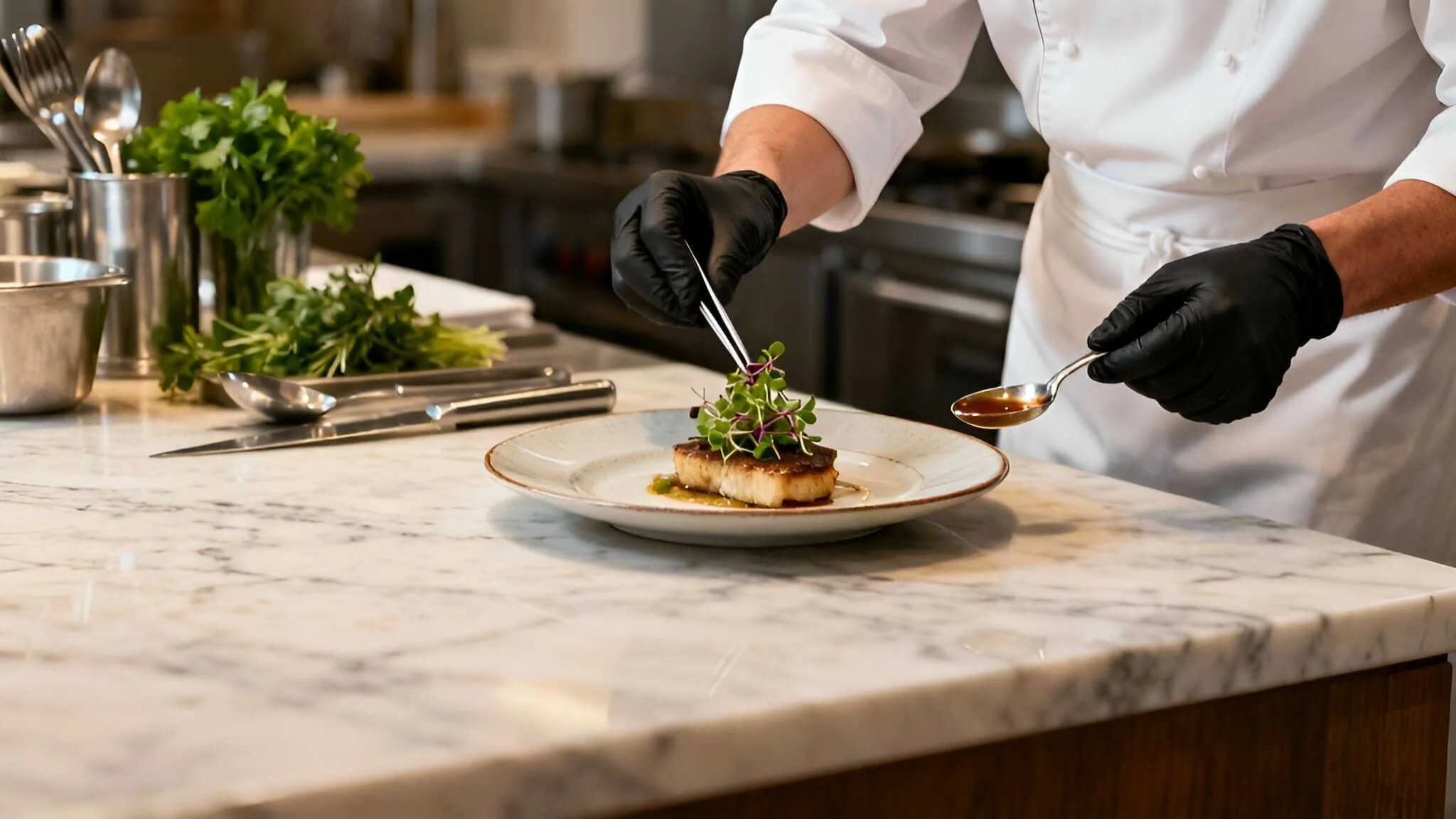 Chef garnishing a plated dish with microgreens in a professional kitchen.