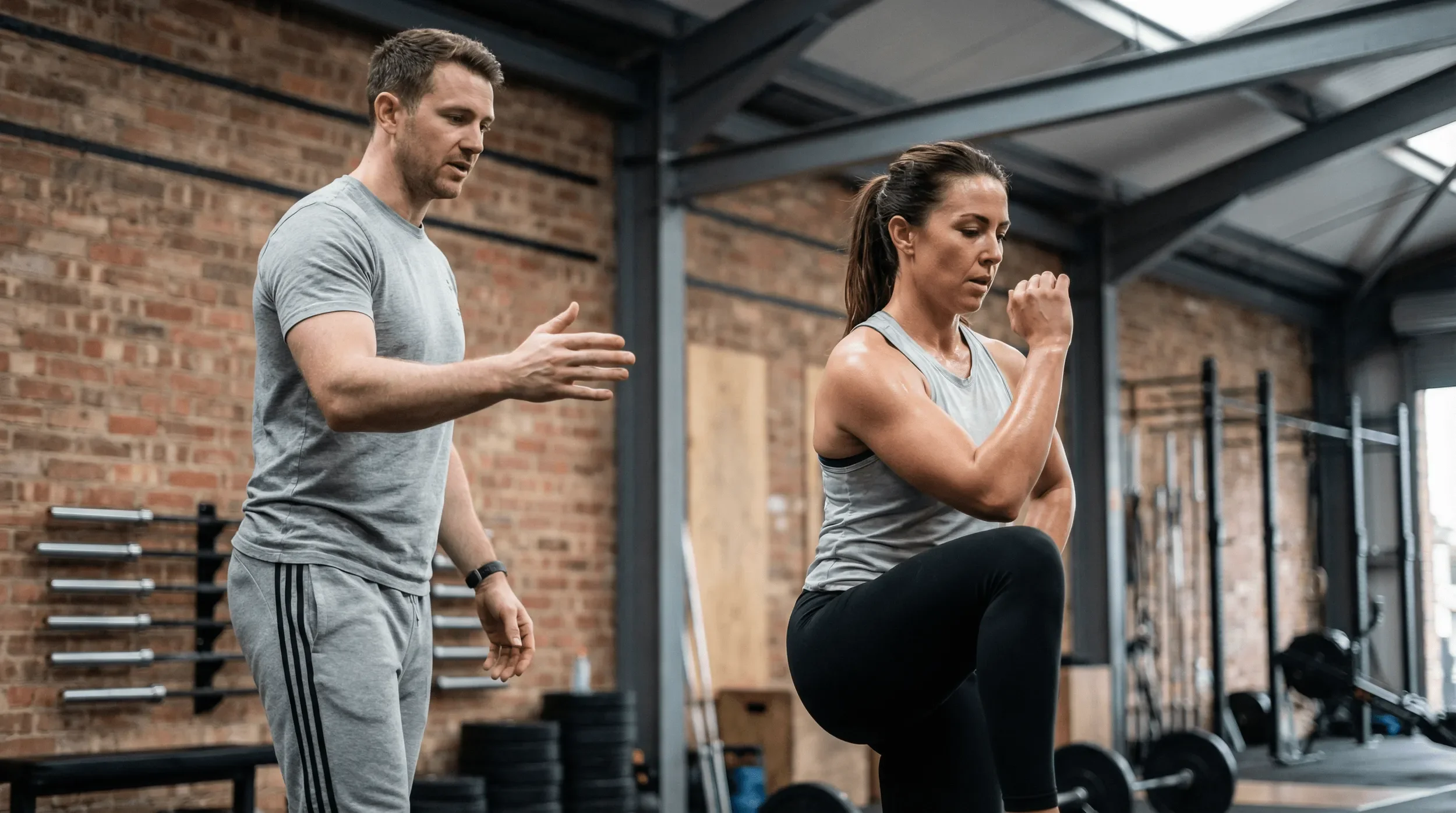 A woman in gray tank top and black leggings is doing a knee raise exercise under the supervision of a male trainer in gray shirt and sweatpants, inside a gym with brick walls.