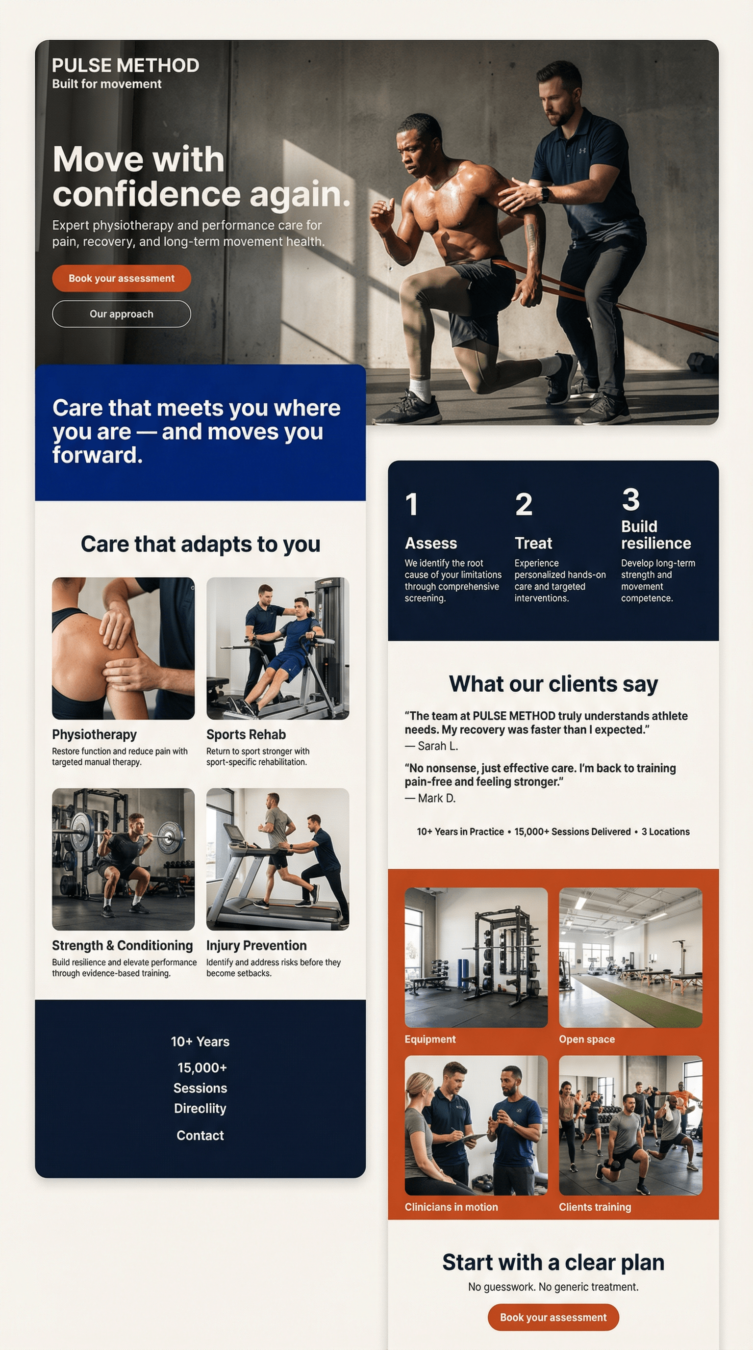 A promotional poster for PULSE METHOD physiotherapy, featuring a muscular man performing resistance training with a trainer in a gym setting, alongside various images of fitness equipment, training, and therapy sessions.