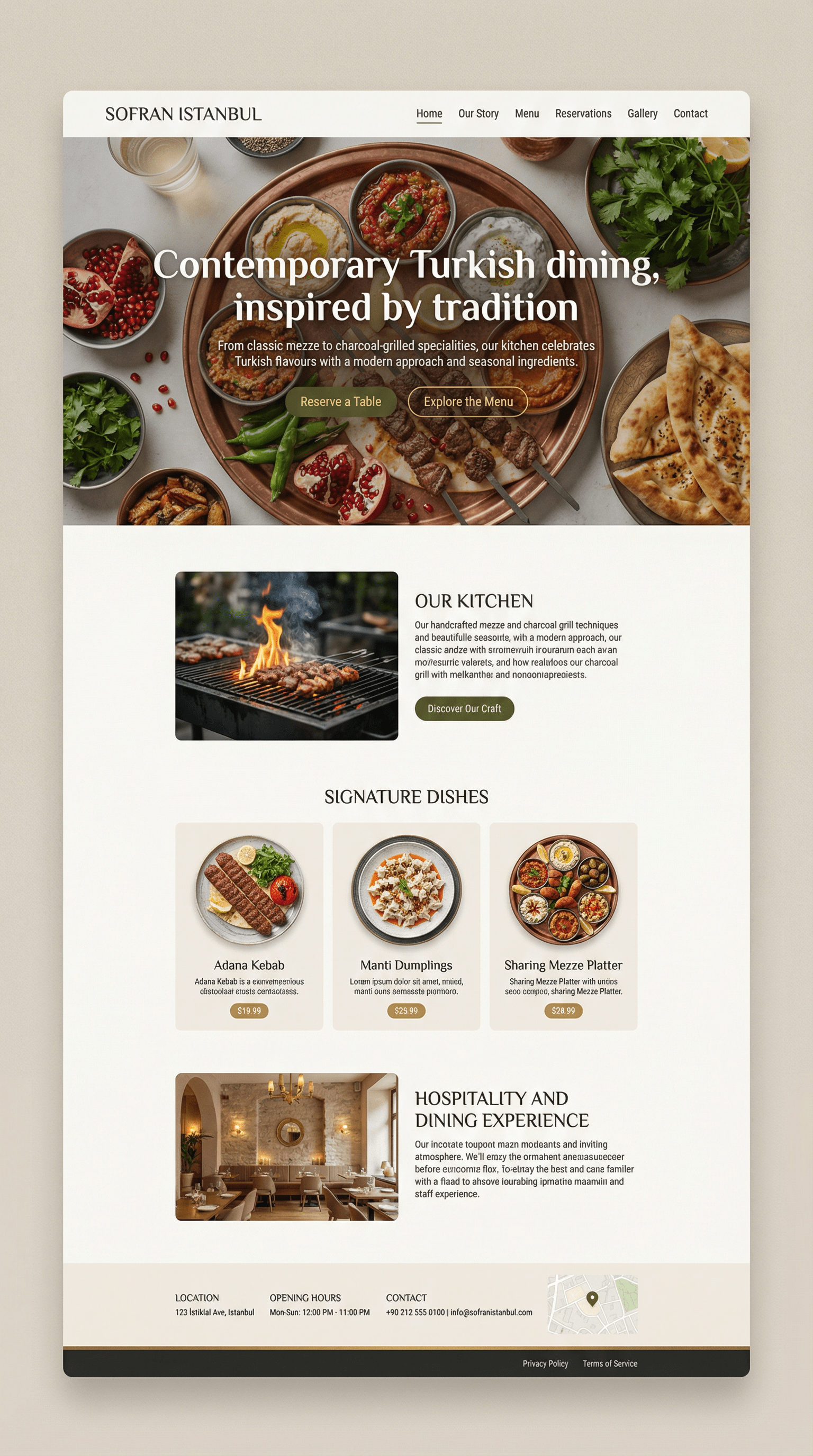 Website homepage for Sofran Istanbul, a Turkish restaurant, featuring images of traditional Turkish dishes, a grill, and restaurant interior, with menu options and reservation buttons.