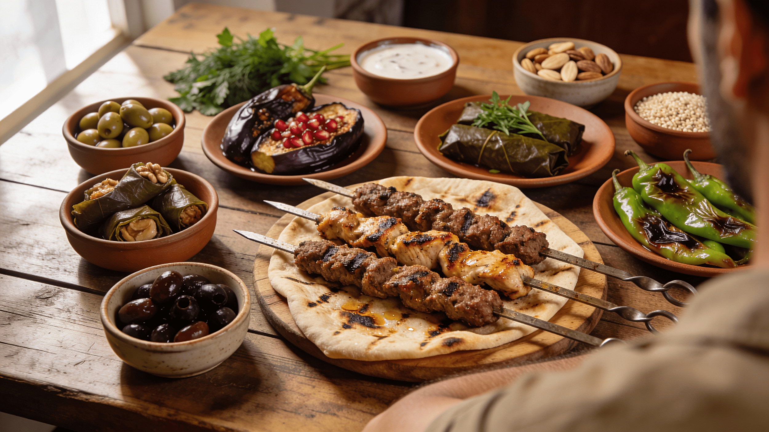 A wooden table with various Middle Eastern dishes including grilled skewers, stuffed grape leaves, eggplant with pomegranate seeds, olives, nuts, and sauces arranged on ceramic plates and bowls.
