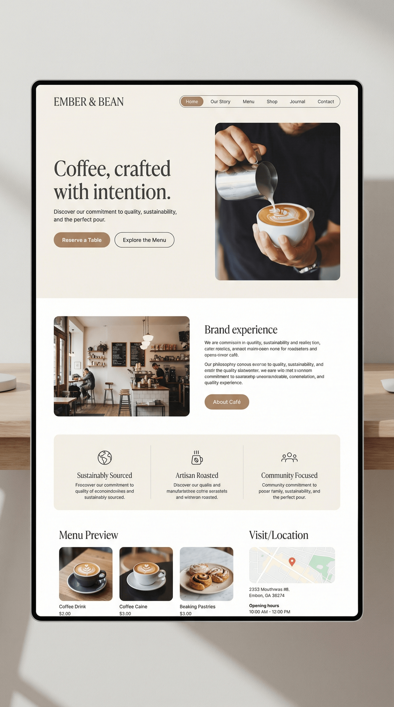 Website homepage for Ember & Bean coffee shop, featuring a large photo of a barista pouring milk into a coffee cup, with sections for menu, story, shop, journal, contact, and information about sustainability, craftsmanship, community, and menu items like coffee drinks and pastries.