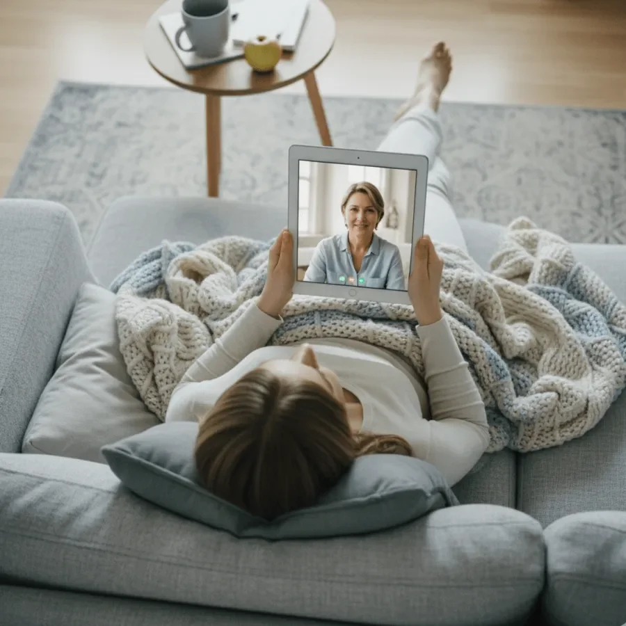 A woman lying on a gray couch, holding a tablet showing her face in a video call, with a blanket over her legs and a pillow under her head. A round wooden coffee table with a mug, a small bowl, and a book is in front of her.
