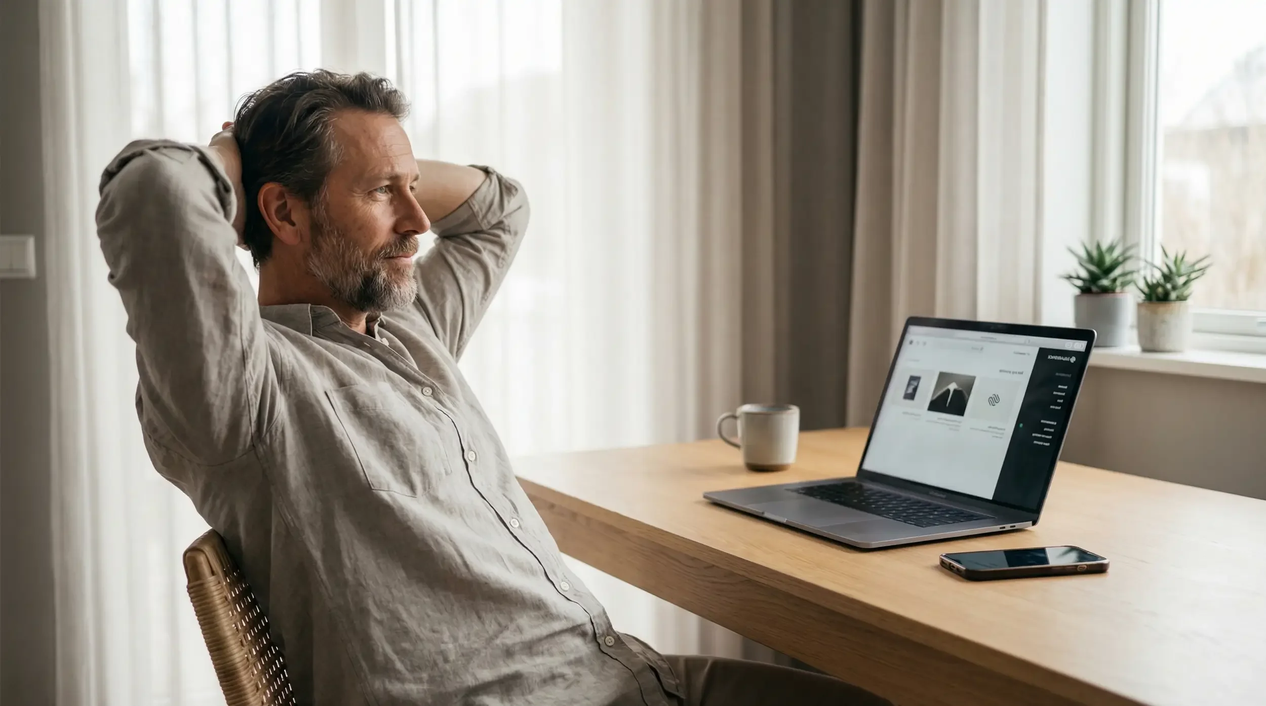 A middle-aged man with a beard and gray hair sitting at a wooden table, relaxing with hands behind his head, next to an open laptop, a smartphone, and a coffee mug, near a window with curtains and potted plants.