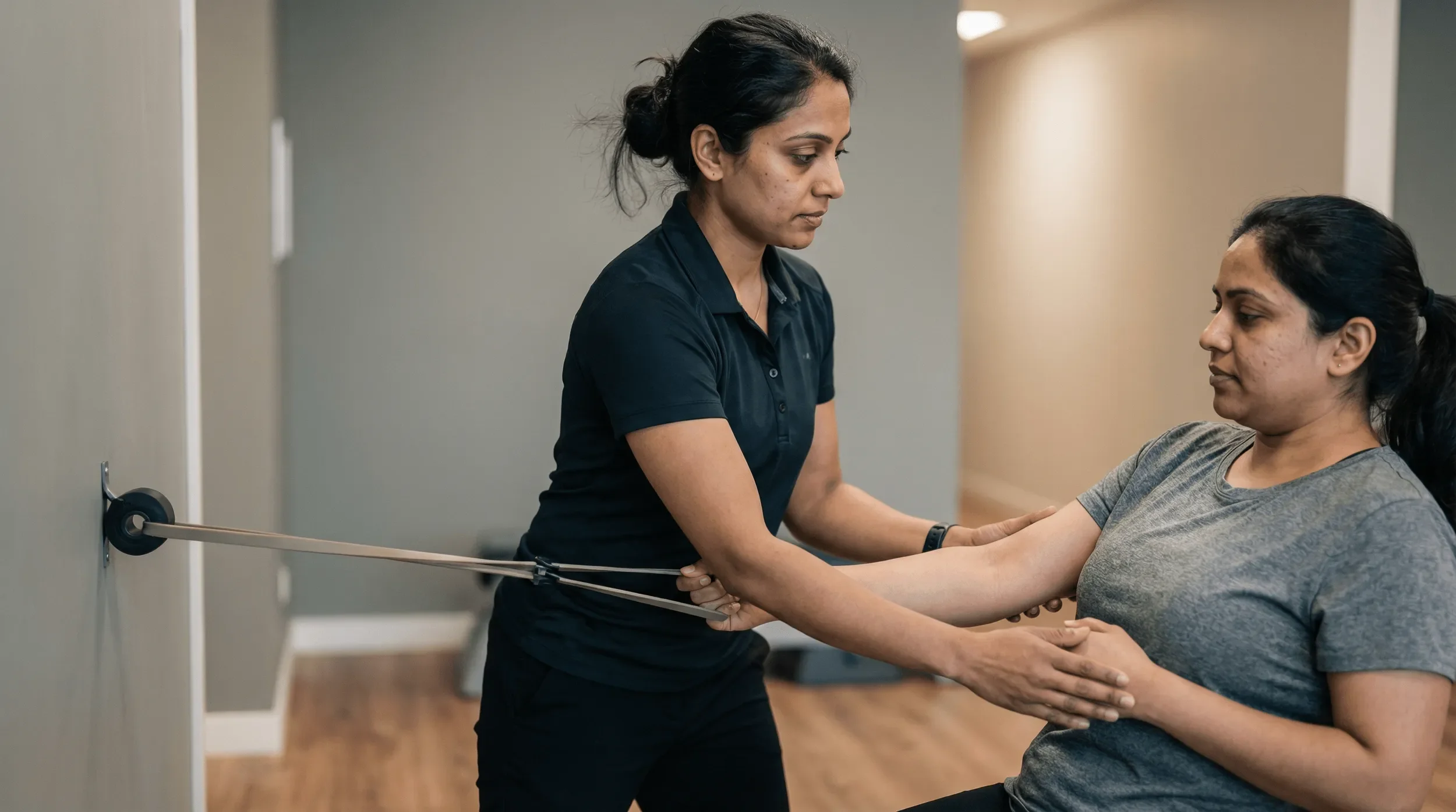 Physical therapist assisting a woman with resistance band arm exercise during therapy session in a clinic.