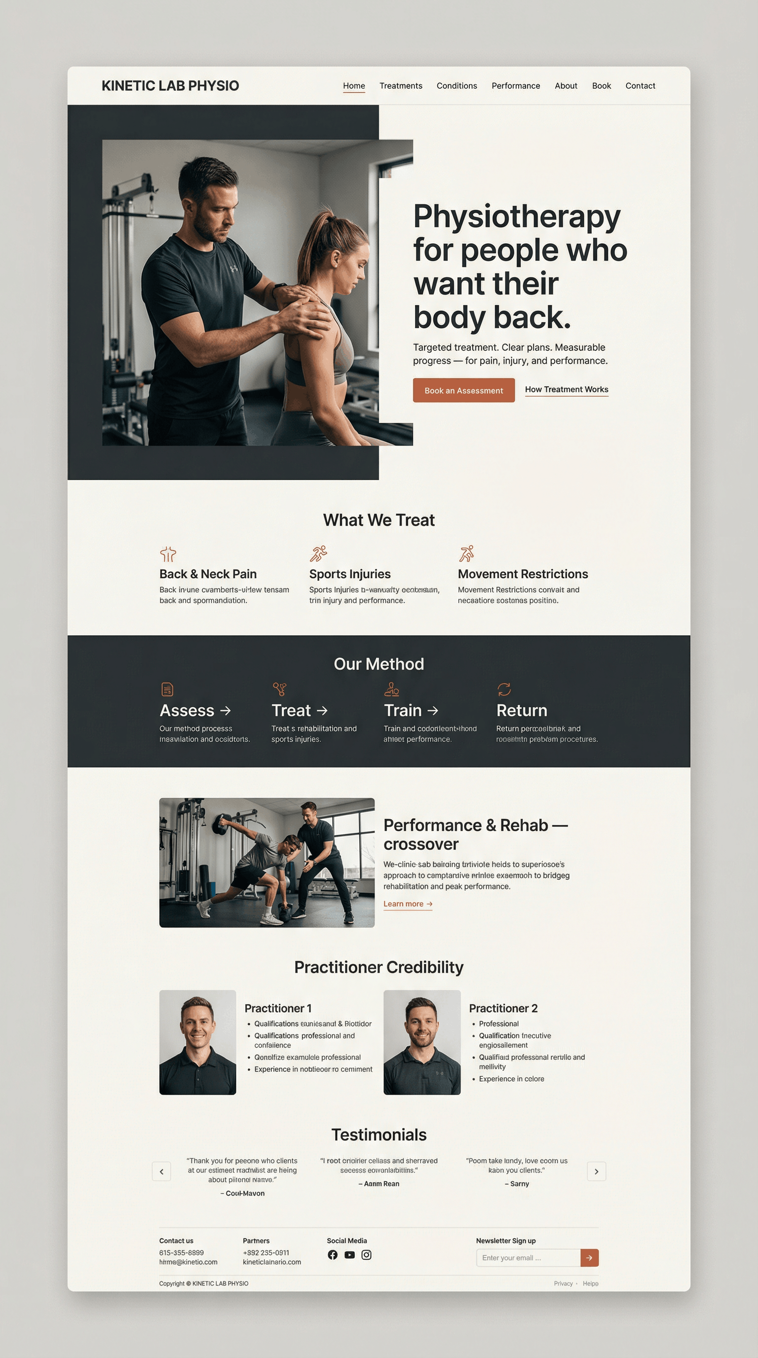 Web page for Kinetic Lab Physio, offering physiotherapy services for back pain, sports injuries, and movement restrictions, with sections on treatment methods, performance rehab, practitioner credentials, testimonials, and contact information.