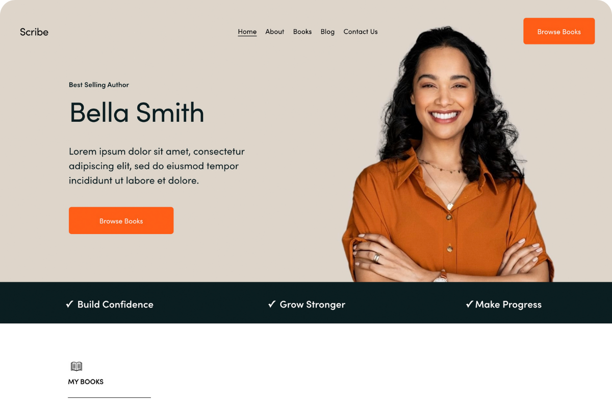 Website homepage featuring a woman with curly hair wearing an orange shirt, smiling with arms crossed. The site includes navigation links, an author bio for Bella Smith, and orange buttons labeled "Browse Books."