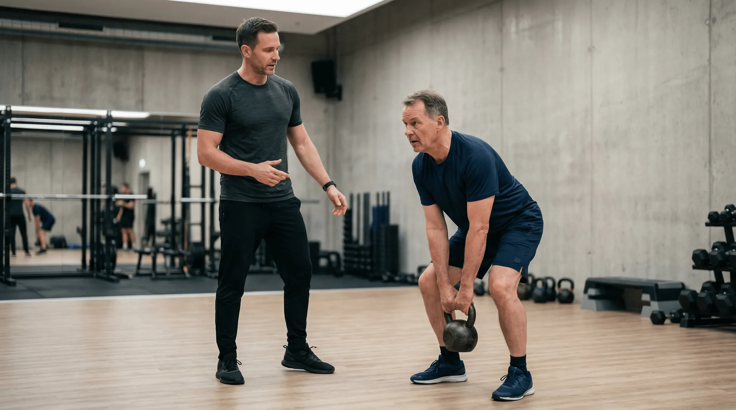 A fitness trainer instructs a man lifting a kettlebell in a gym with concrete walls and gym equipment.