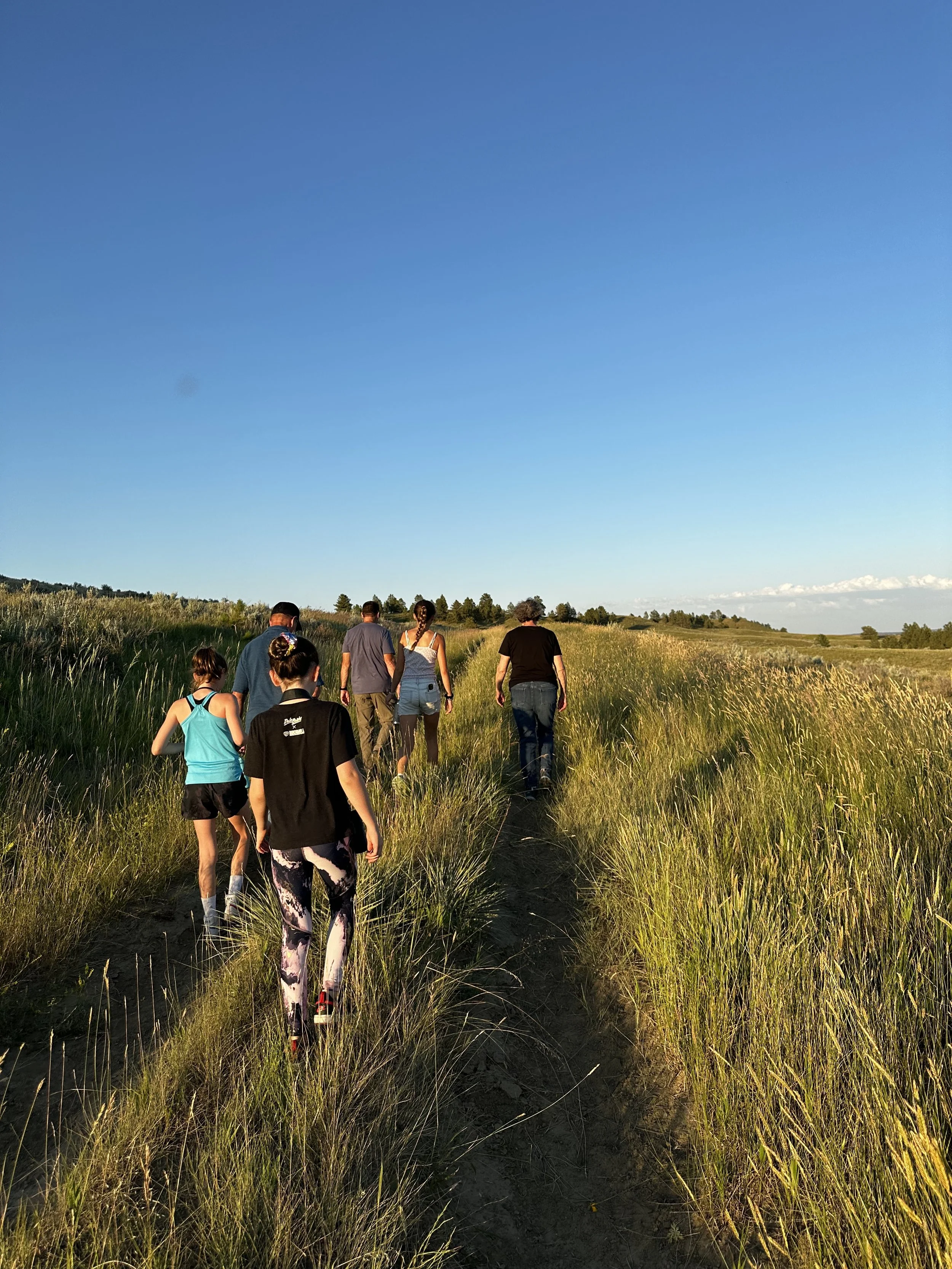 A group of seven people walking along a grassy dirt trail in a field during sunset or late afternoon, surrounded by tall grass and open landscape under a clear blue sky.