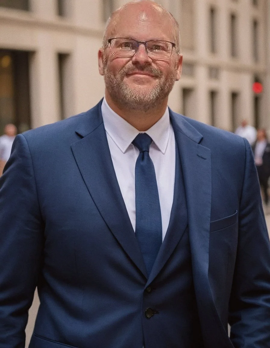 A middle-aged man with glasses, a beard, and a bald head, wearing a navy blue suit, white shirt, and dark tie, smiling while walking outdoors in an urban area with tall buildings and people in the background.