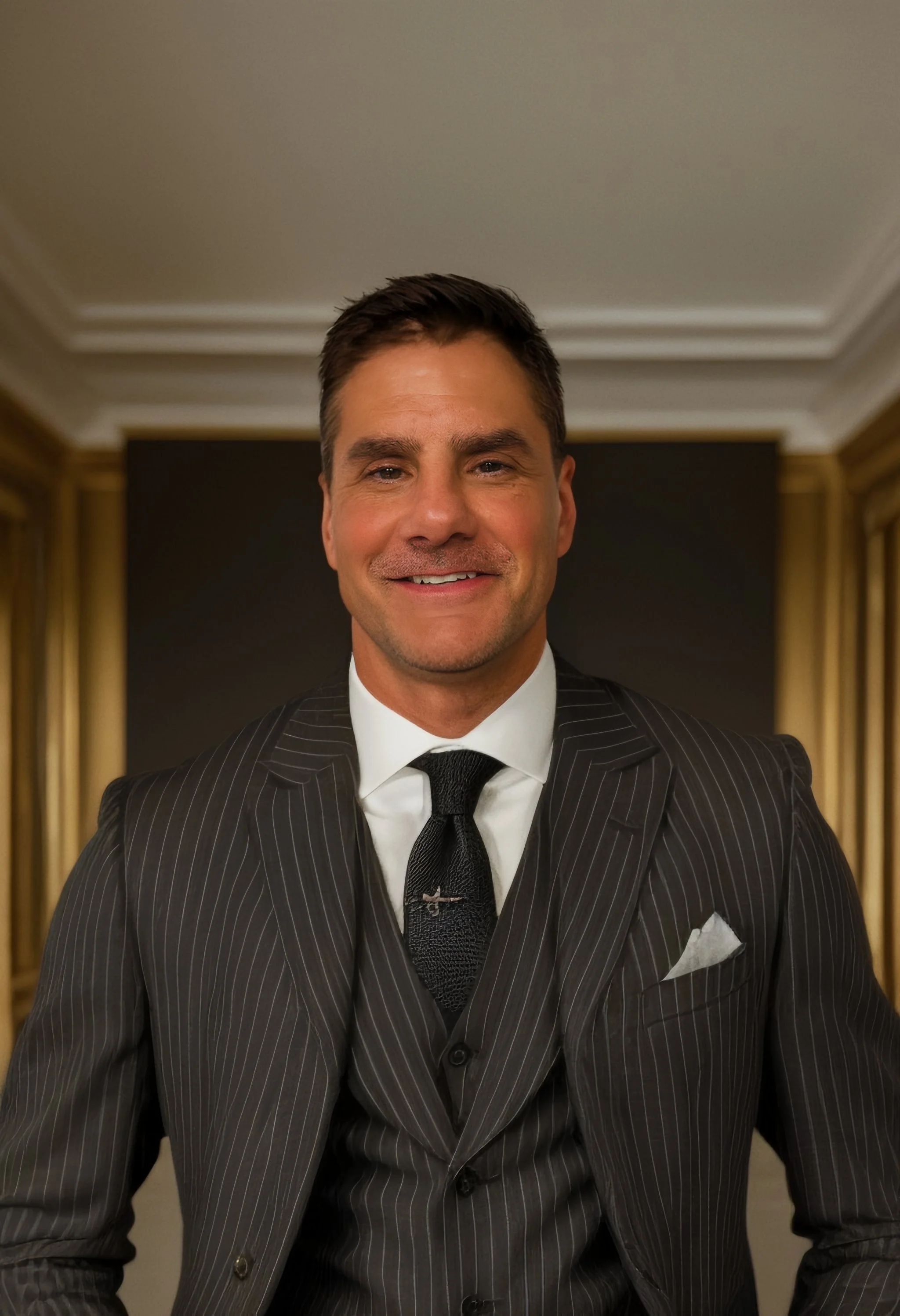 A man in a dark pinstripe suit smiling for a portrait in an elegant room with gold accents and a black backdrop.
