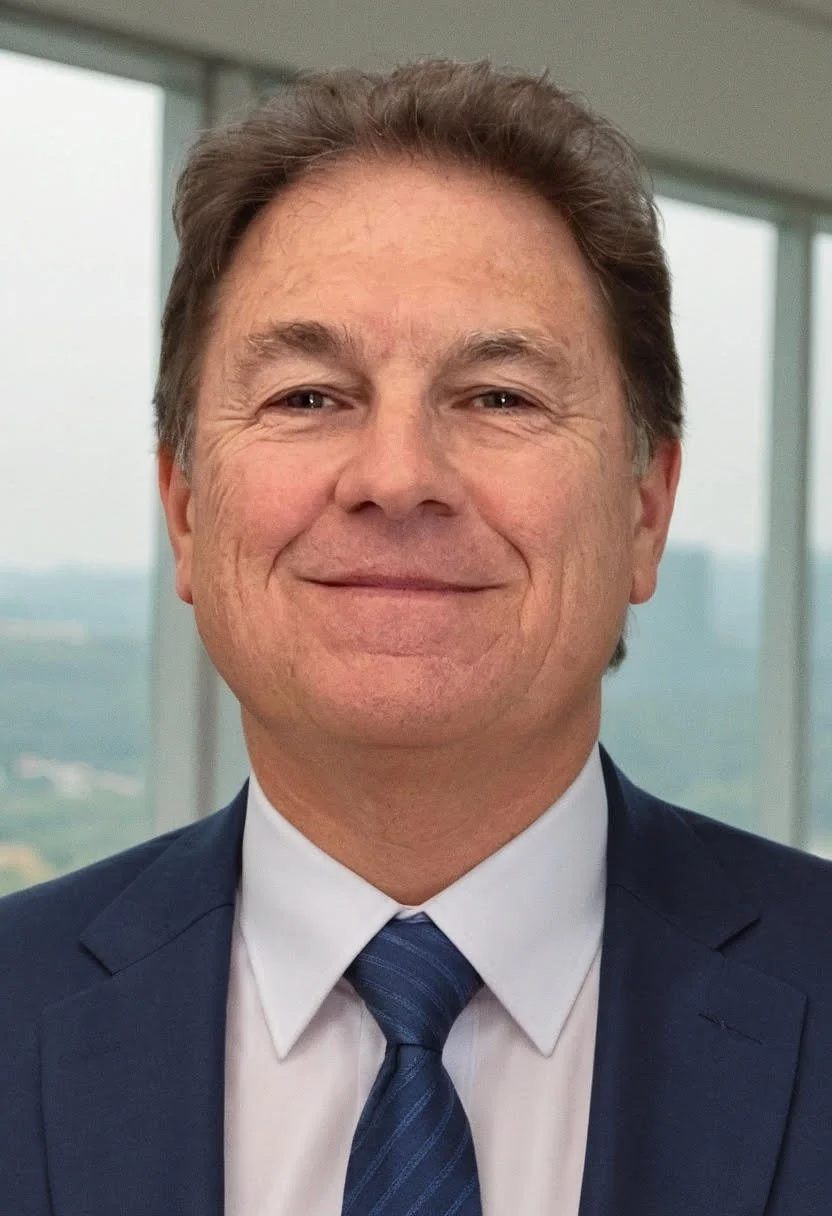 A man with brown hair in business attire, smiling with a sunset view through large windows in the background.