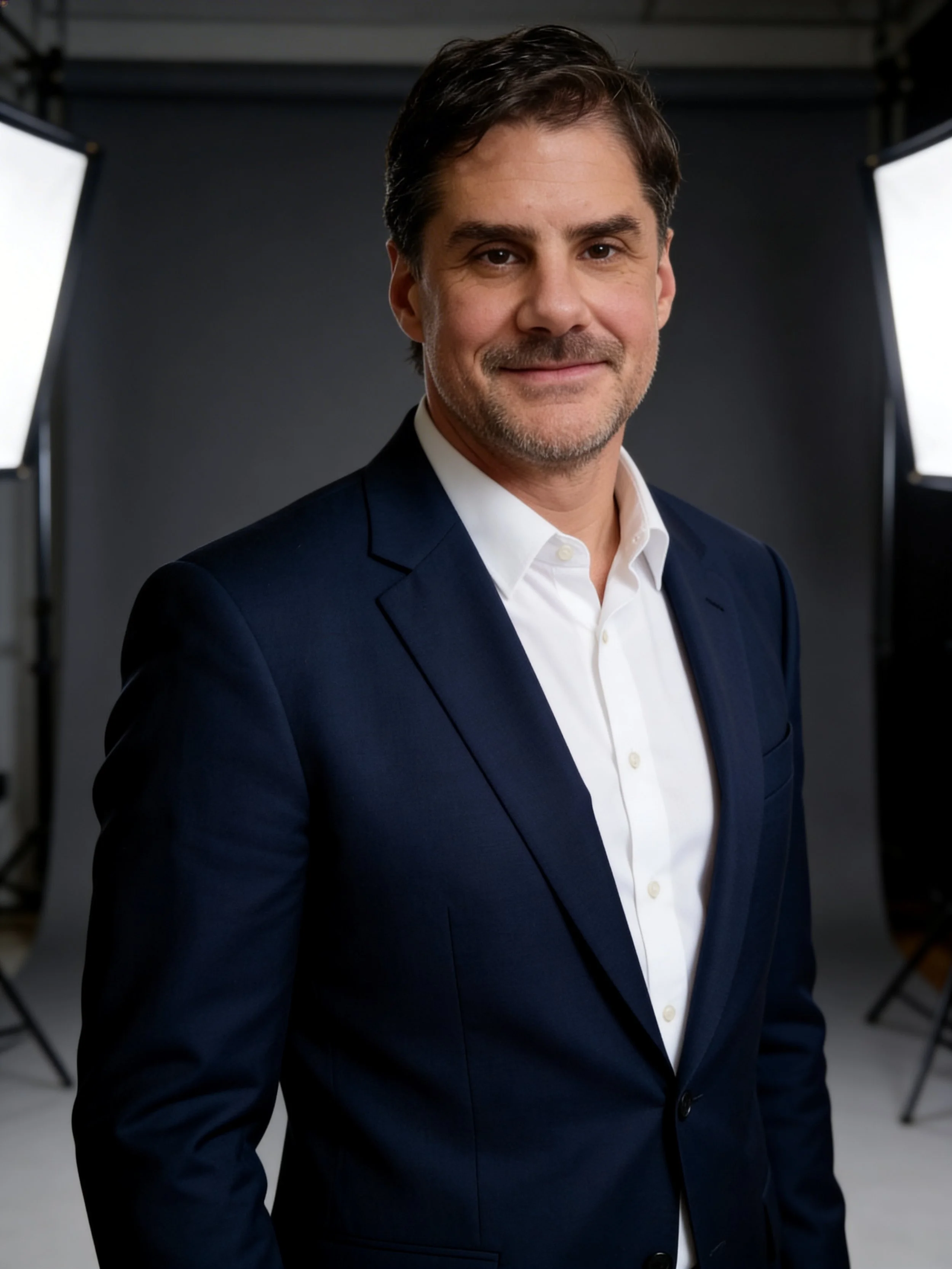 A man in a dark pinstripe suit smiling for a portrait in an elegant room with gold accents and a black backdrop.