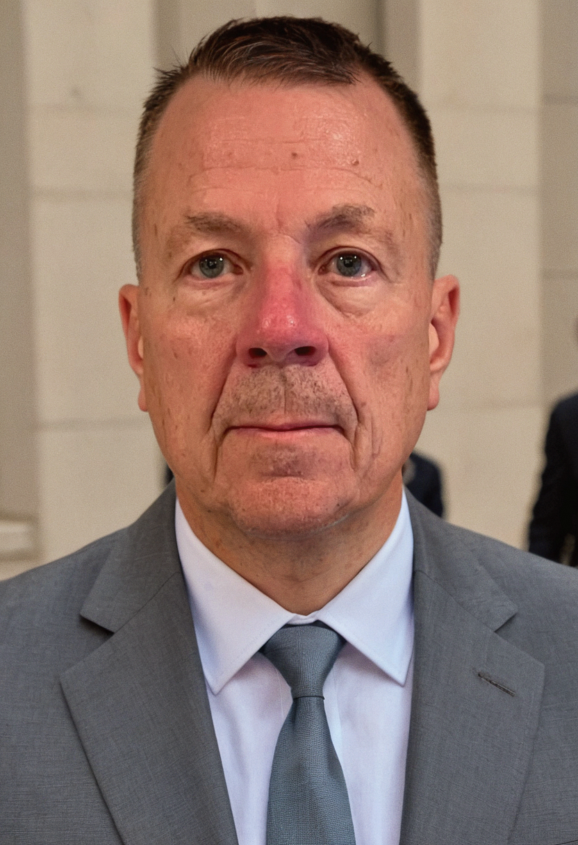 Close-up of a middle-aged man wearing a grey suit and tie, with a serious expression, in an indoor setting.