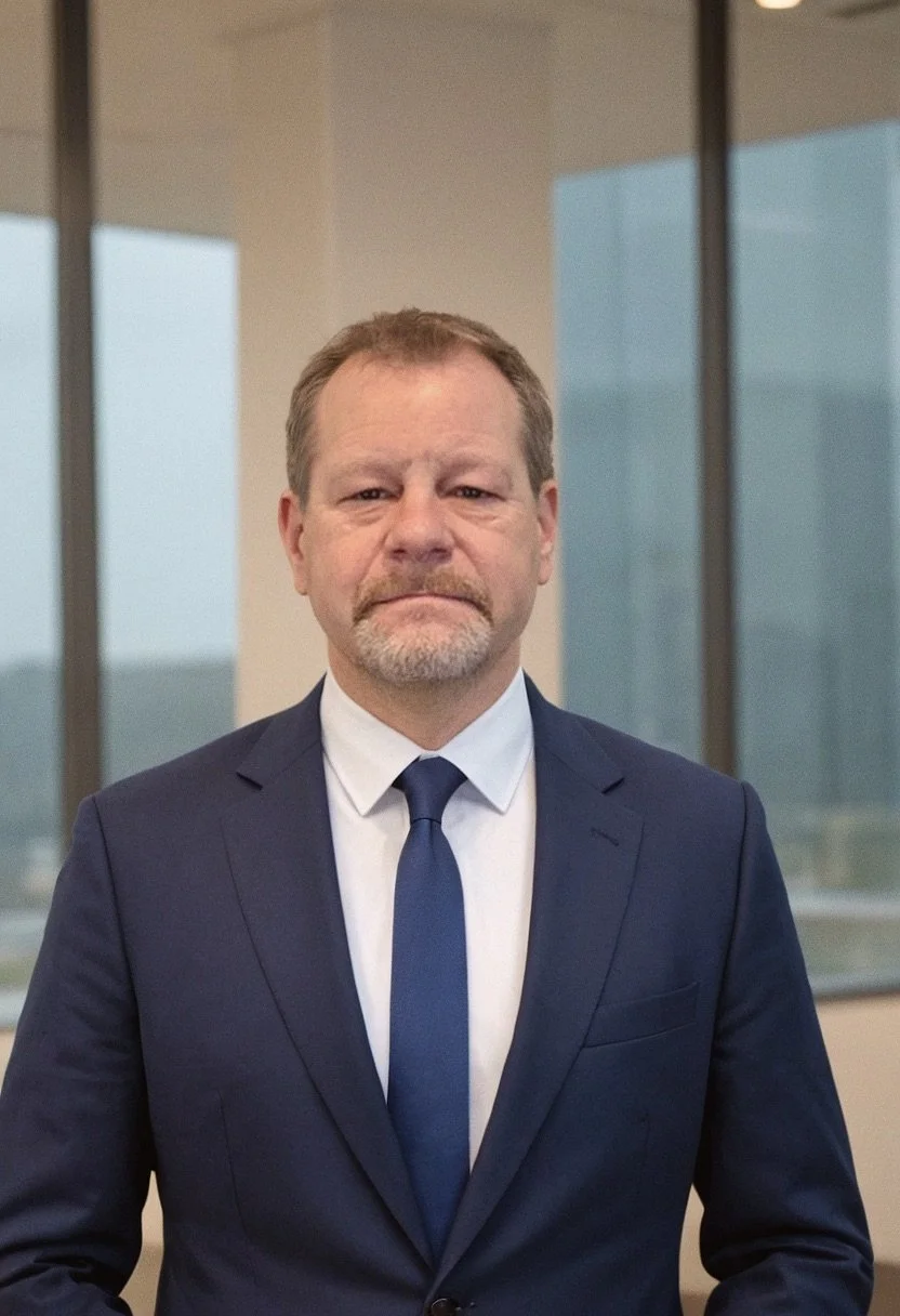Close-up of a smiling man with a beard and mustache, wearing a suit and tie, standing outdoors in an urban area.