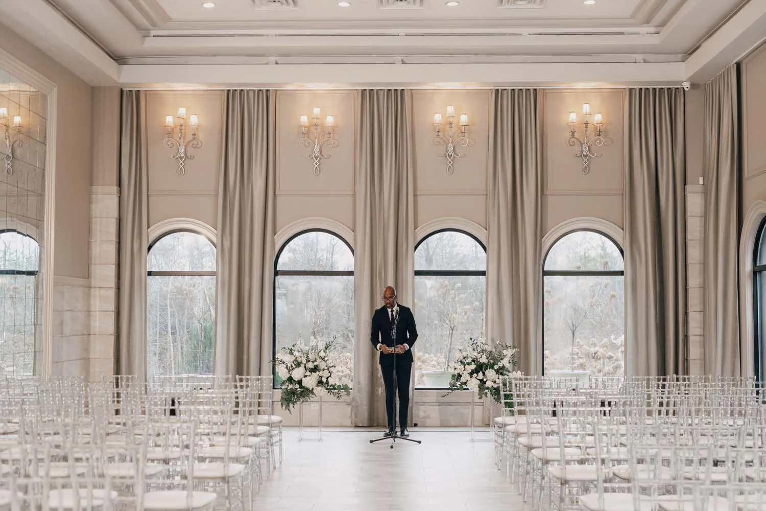 Image of Villa Venezia's ballroom in upstate New York decorated for a black tie wedding