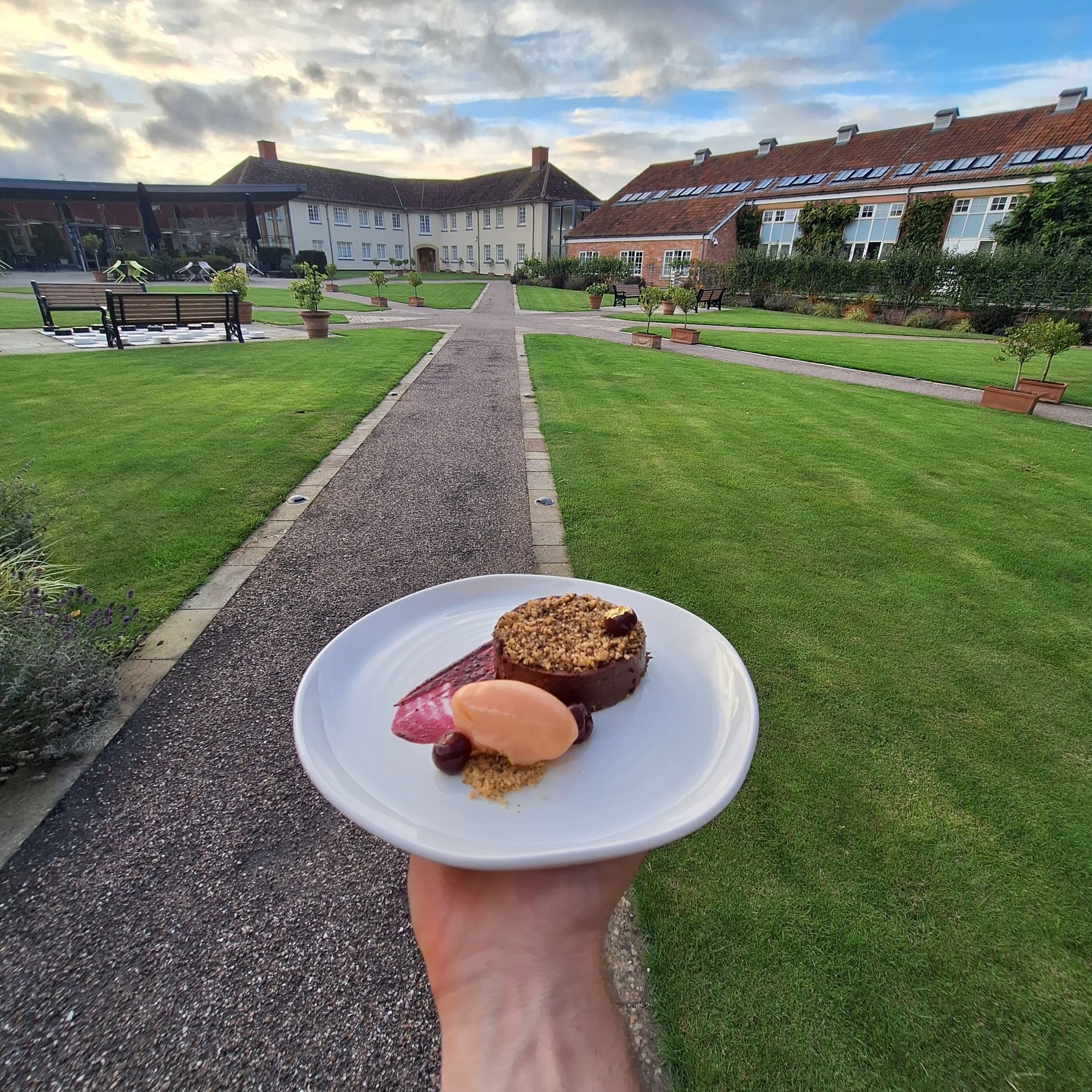 A hand holding a white plate with a chocolate dessert, pink sorbet, and berries in an outdoor garden with pathways, potted plants, benches, and a cloudy sky.