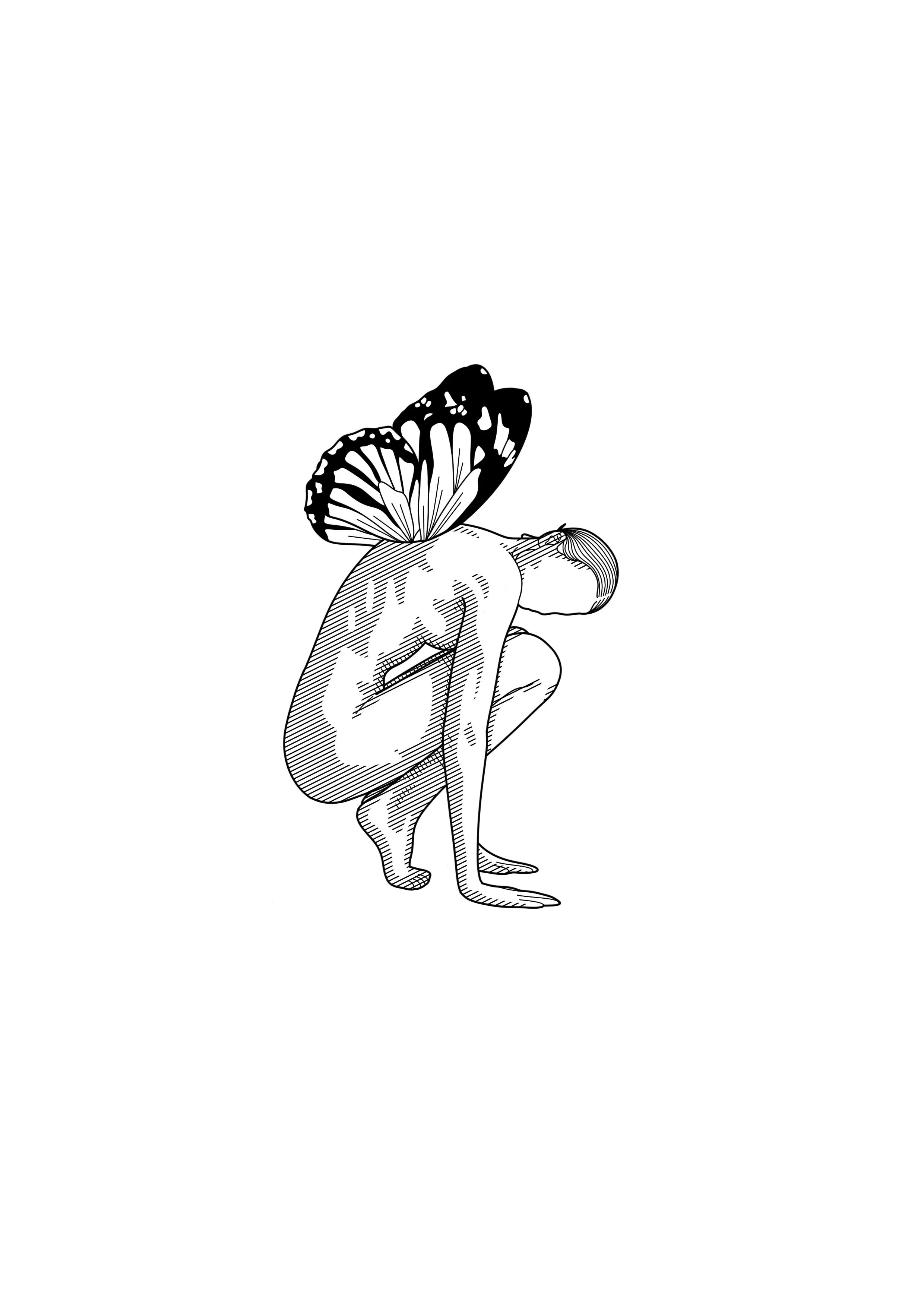 A black and white illustration of a human figure with billowing butterfly wings instead of arms, standing in a pose with one knee bent and hand near the chin.