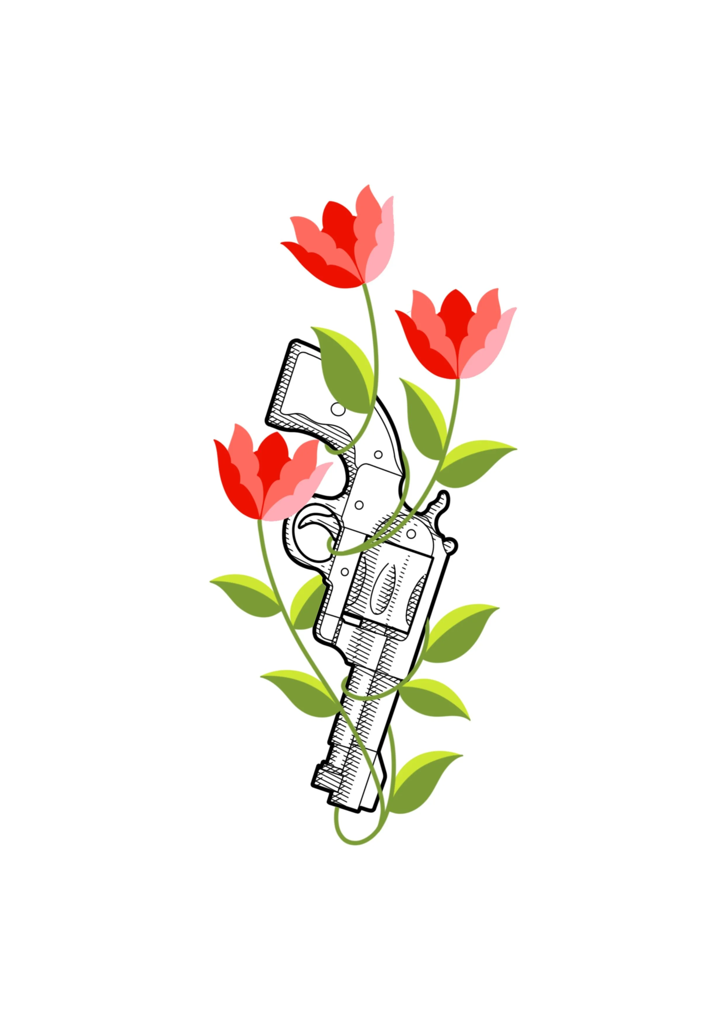Black and white illustration of a handgun intertwined with green leaves and red and pink flowers.