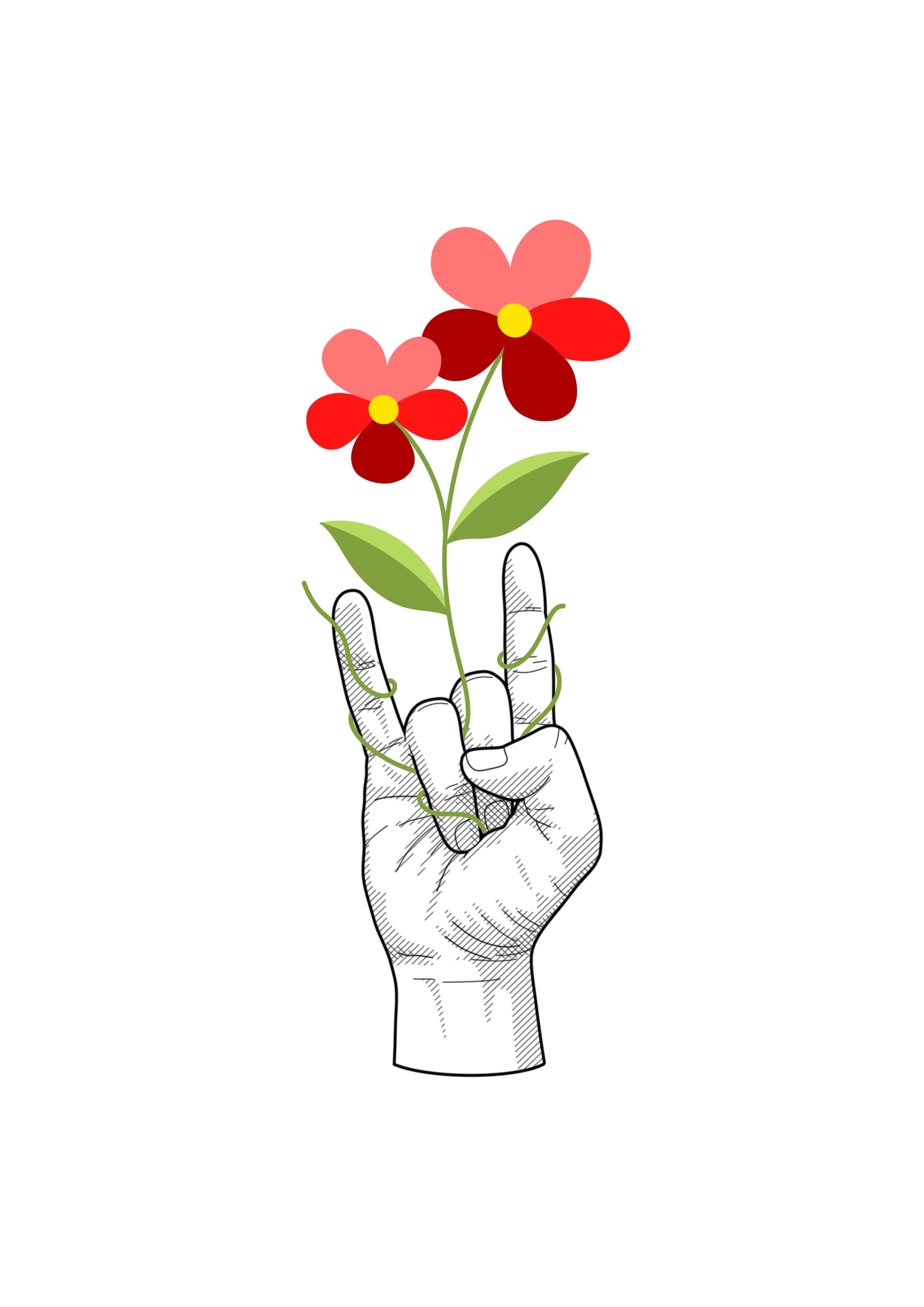 Illustration of a hand holding two red and pink flowers with green leaves and stems, with a white background