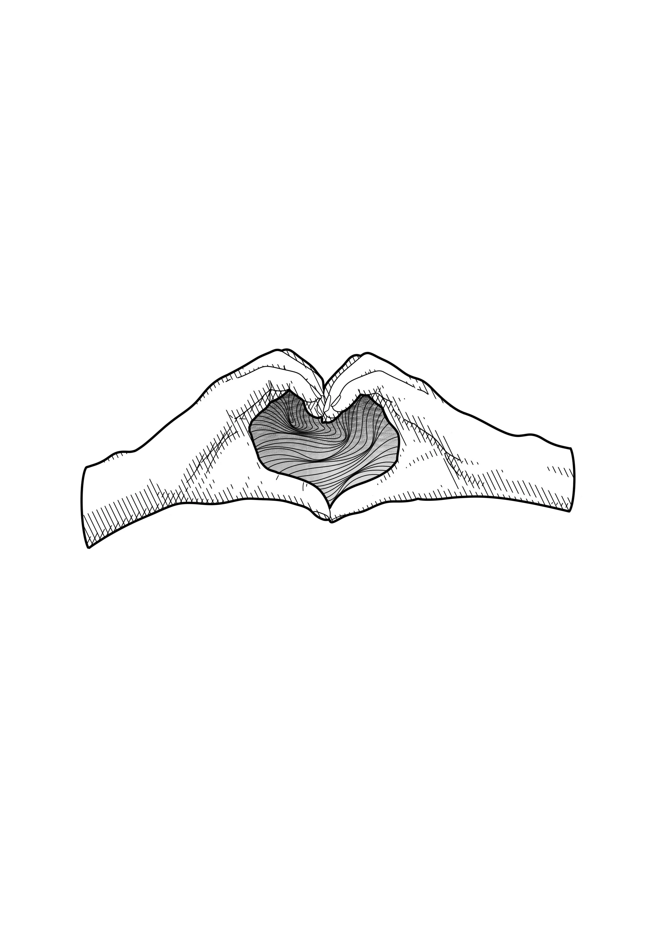 Line drawing of hands forming a heart shape around a textured circle. by Nick Whybrow, Camden, London