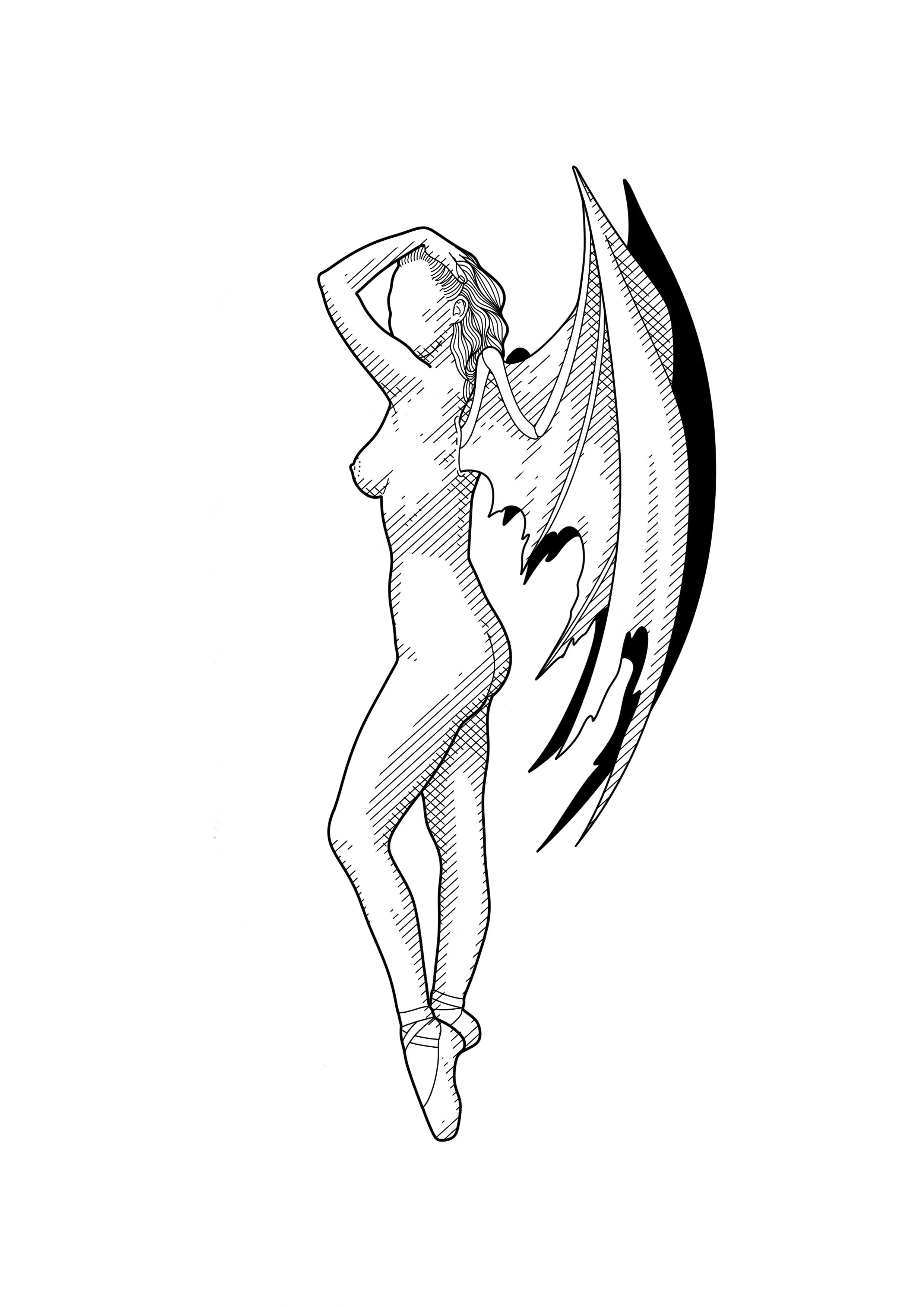 Line drawing tattoo design of a ballerina with bat-like wings, standing on her toes with one arm raised above her head, her empty face turned to the side, in a ballet pose. By Nick Whybrow, Camden, London.